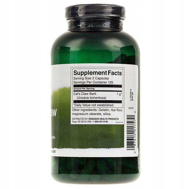 Achterkant van een groene fles. Etiket met voedingswaarde: Cat's Claw Bark, 1g, ingrediënten, Swanson Health Products.