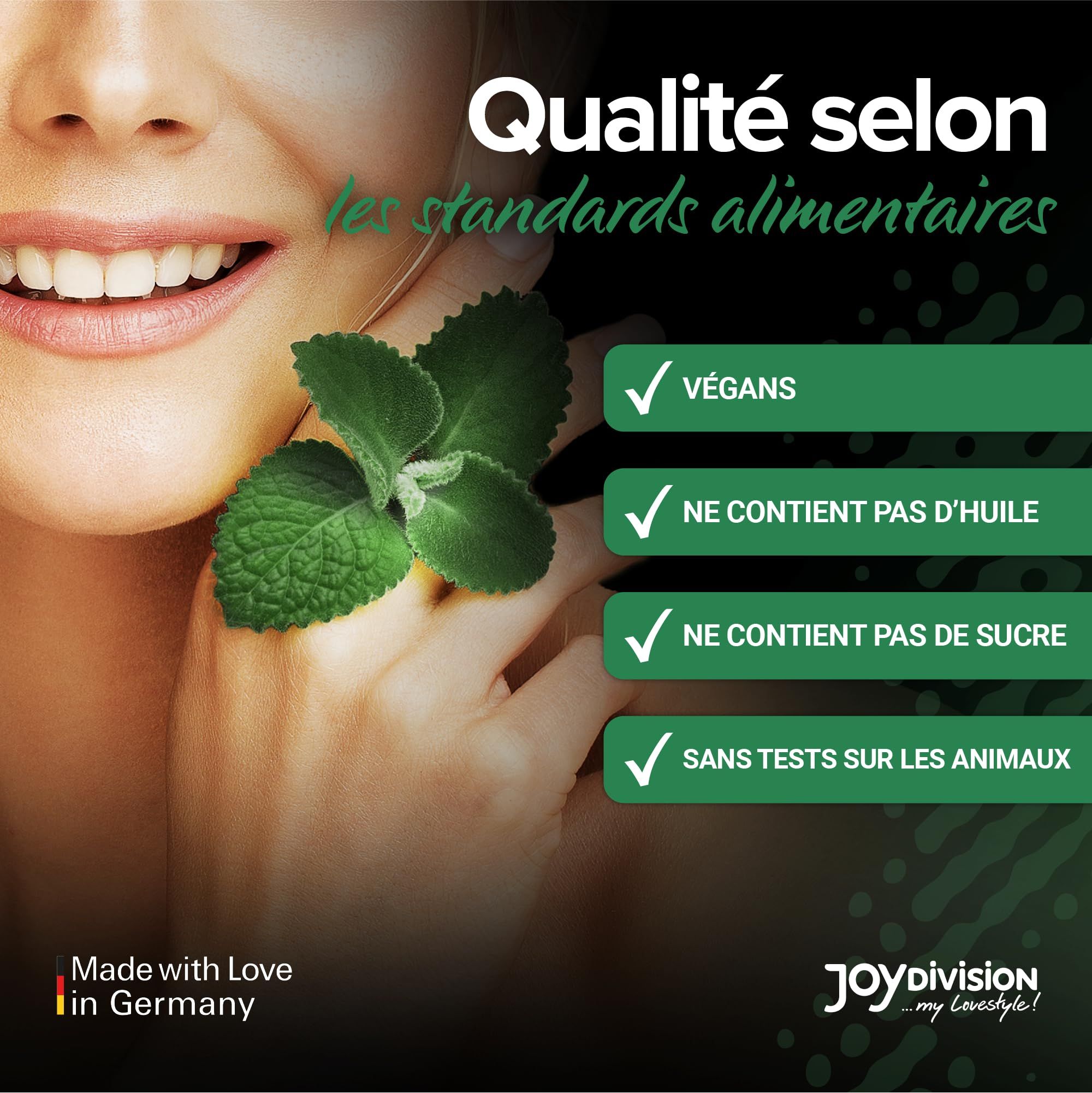 Bouteille Joydivision WARM UP Menthe, huile de massage chauffante, gros plan.