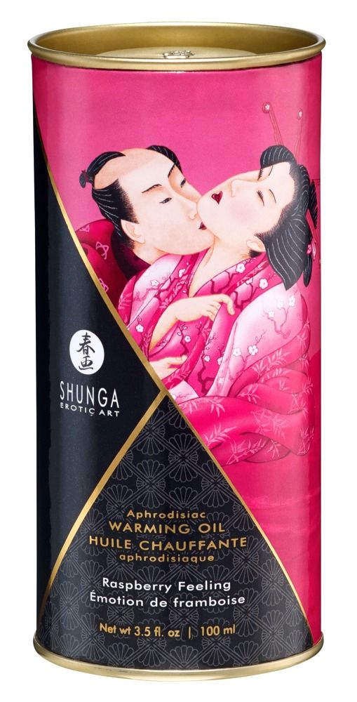 Cilindrische blik met roze massageolie. Opschrift: Shunga, frambozensmaak. Illustratie: kussend paar. Blik: zwart-roze.