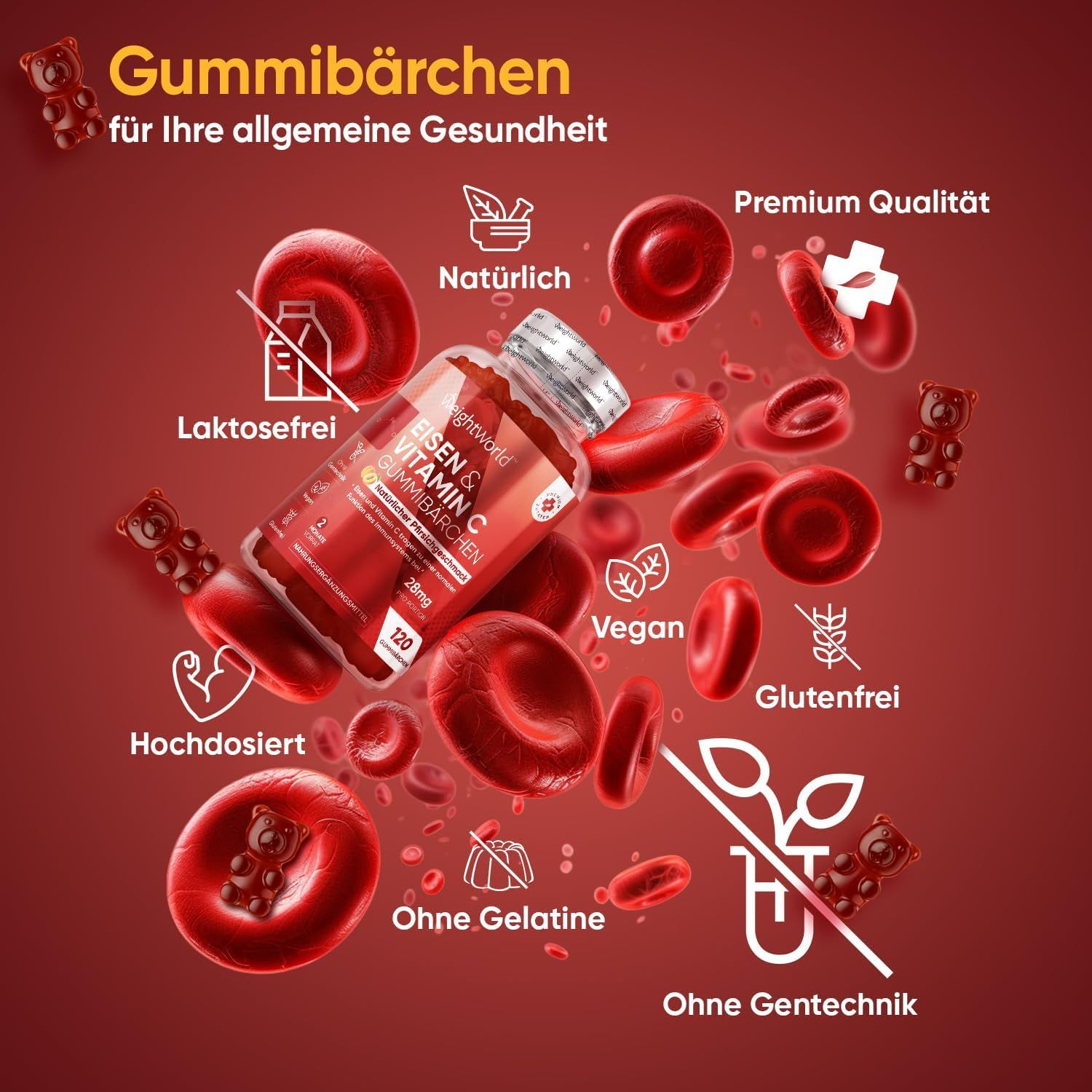 Een fles WeightWorld IJzer & Vitamine C Gummies. Rode bloedcellen en gummyberen worden afgebeeld.