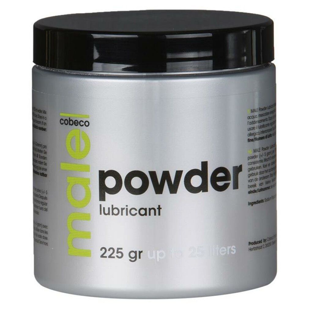 Cobeco Male Powder glijmiddel in zilverkleurige pot met zwarte deksel. 225g.