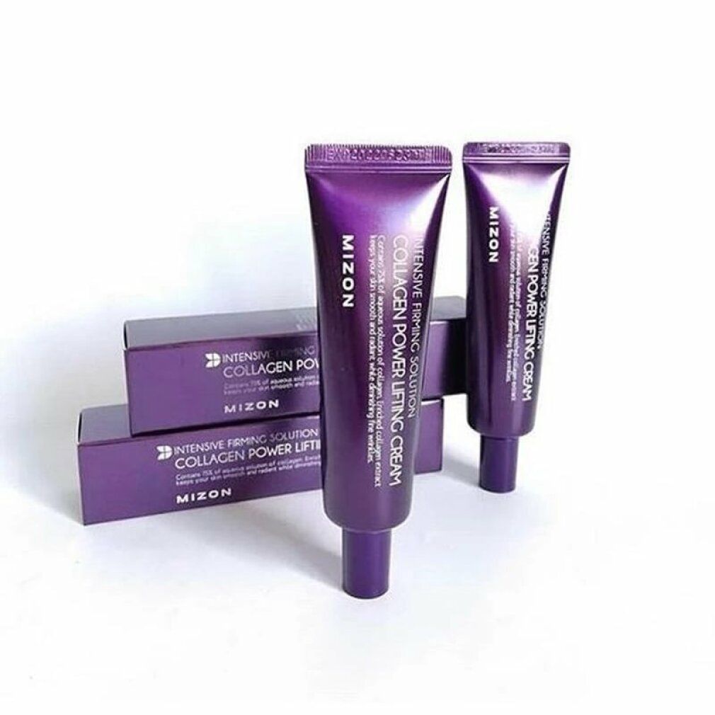 Twee tubes en drie dozen MIZON Collagen Power Lifting Cream. Tekst: Intensive Firming Solution, Collagen Power Lifting Cream.