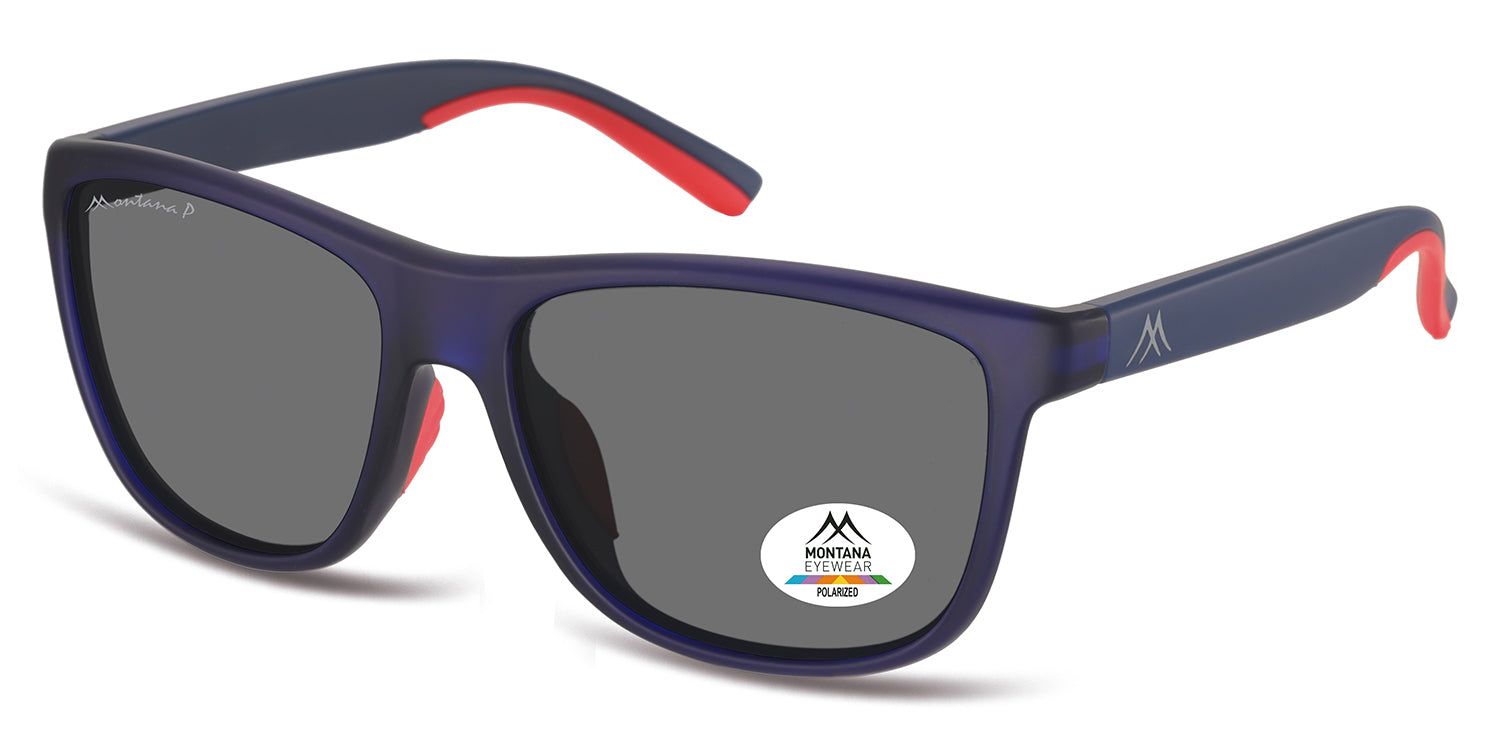 Lunettes de soleil bleues avec verres gris. Accents rouges sur les branches. Logo Montana Eyewear. Verres polarisés.