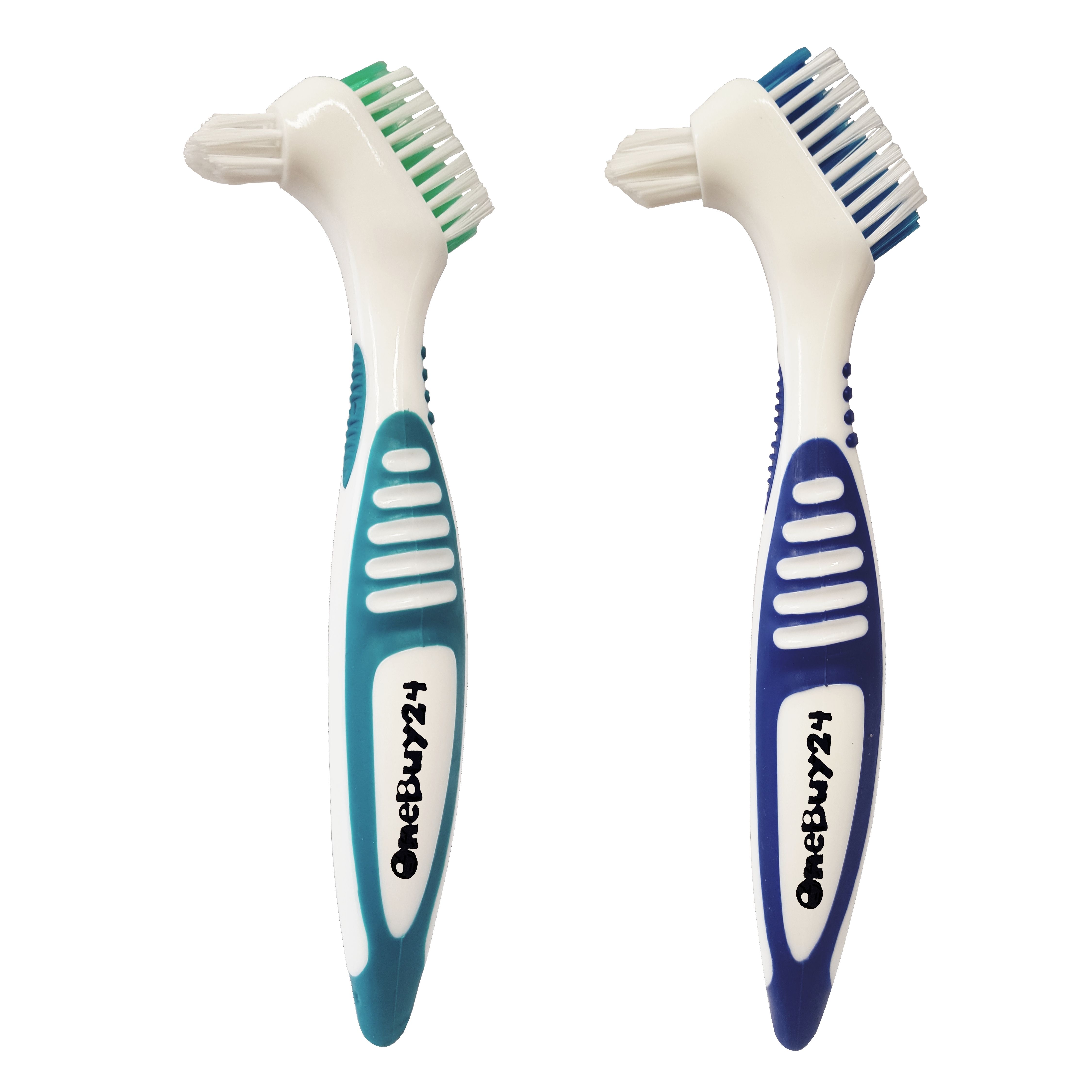 Deux brosses à dents pour prothèses avec manches colorés : turquoise/bleu et bleu. Marque : OneBuy24.