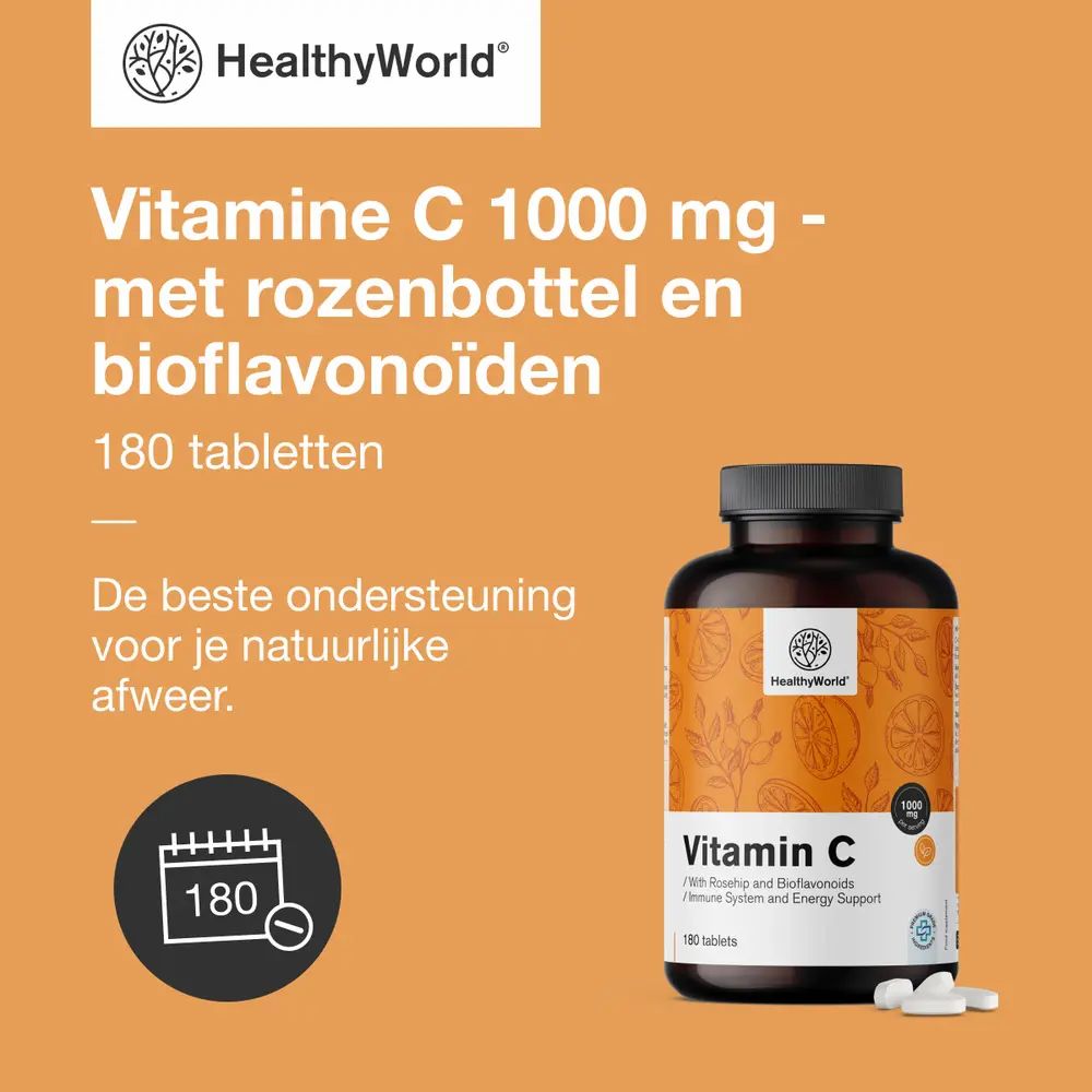 Fles vitamine C. Opschrift: Vitamine C 1000 mg met rozenbottel en bioflavonoïden. 180 tabletten. Beste ondersteuning.