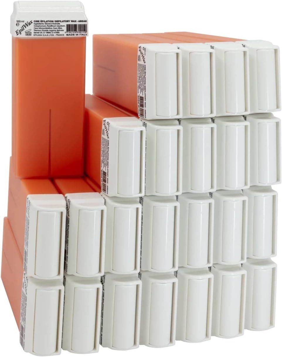 Plusieurs cartouches de cire, cire orange, couvercles blancs. Inscription: EpilWax.