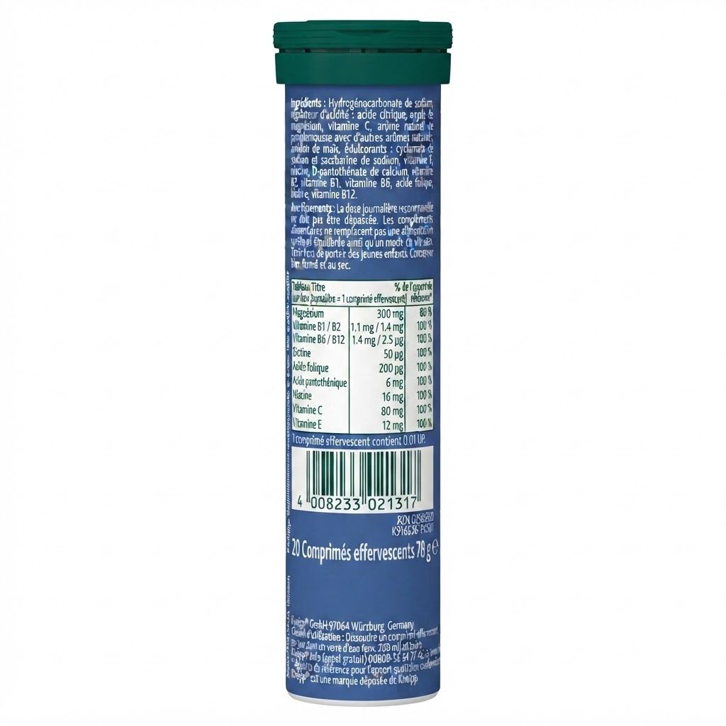 Tube de 20 comprimés effervescents Kneipp Magnésium B+C+E, goût pamplemousse.