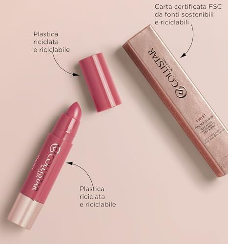Lipstick en verpakking. Roze huls met zilverkleurige bodem. Opschrift: Collistar Milano Twist. FSC-certificering.