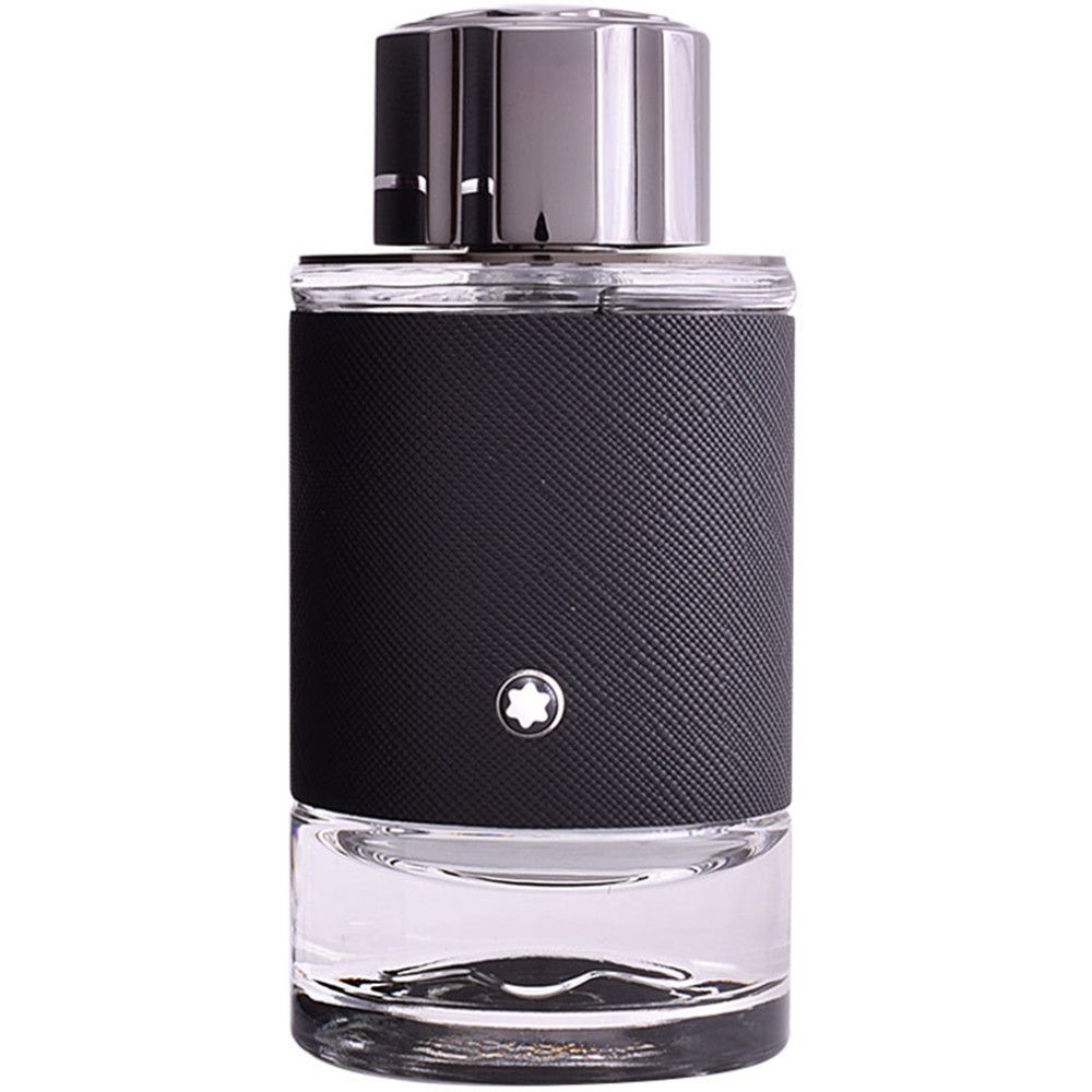 Flacon noir avec bouchon argenté. Logo Montblanc. Sur fond blanc.