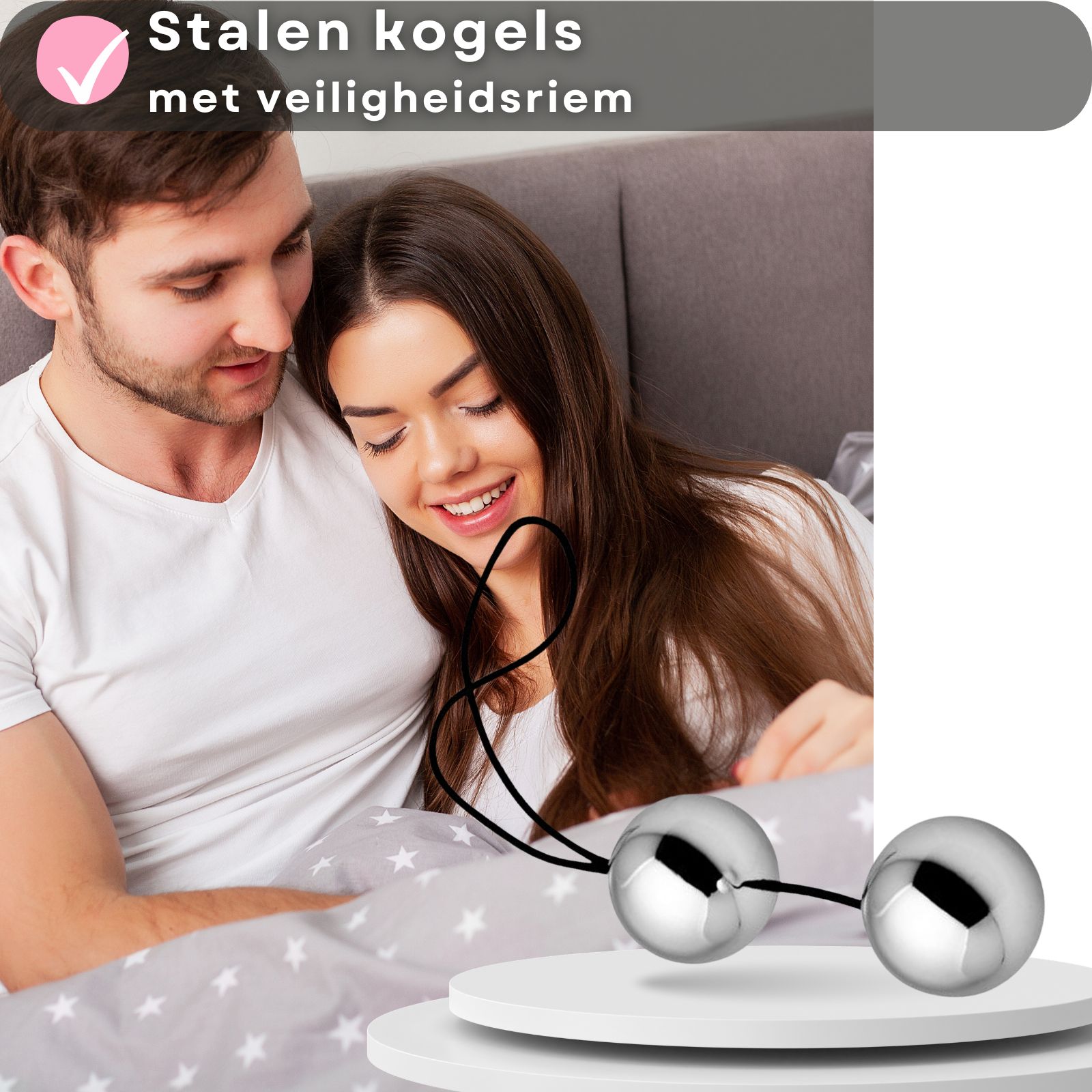 Twee gepolijste stalen bollen met veiligheidskoord, diameter 30mm.