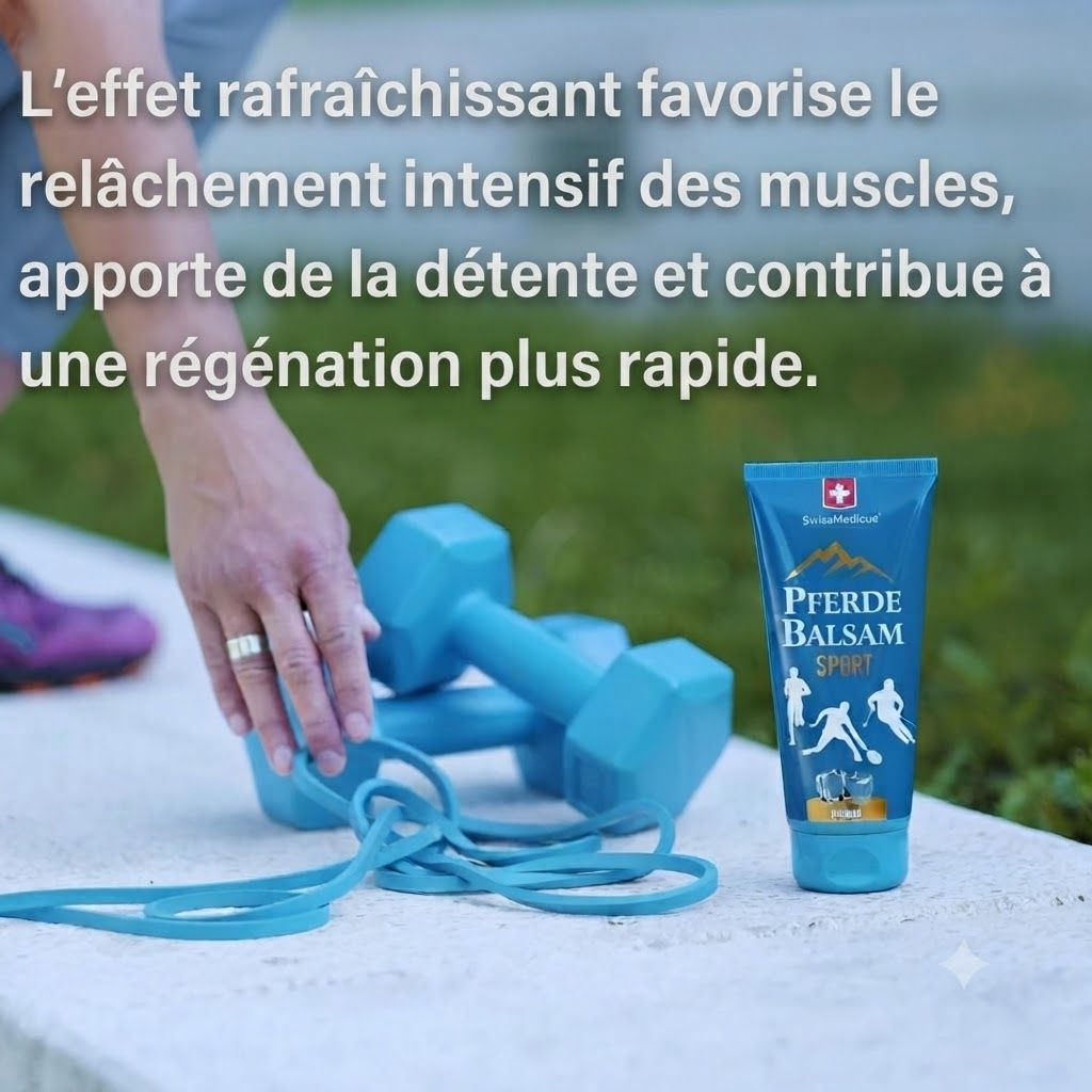 Tube de baume bleu "PFERDE BALSAM SPORT" près d'haltères bleus et d'une corde à sauter.