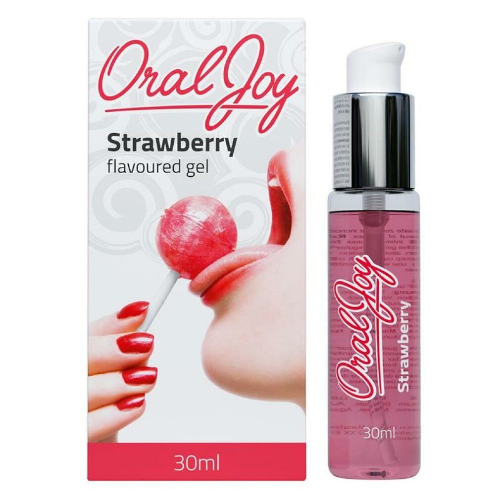 Oral Joy Aardbeien-gel, 30ml flesje met pompdispenser en kartonnen doos.