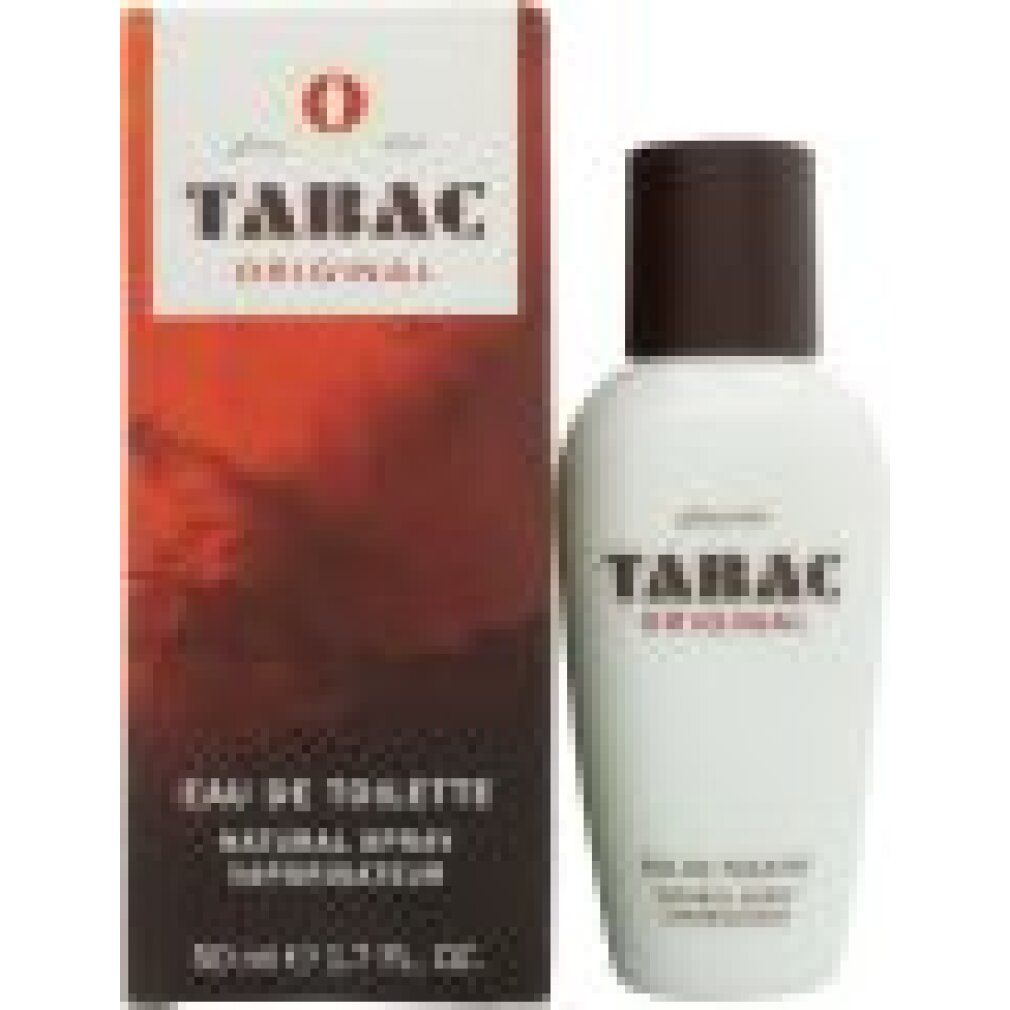 Tabac Original Eau de Toilette. Witte fles met bruine dop en verpakking. Tekst: Tabac Original, Eau de Toilette.