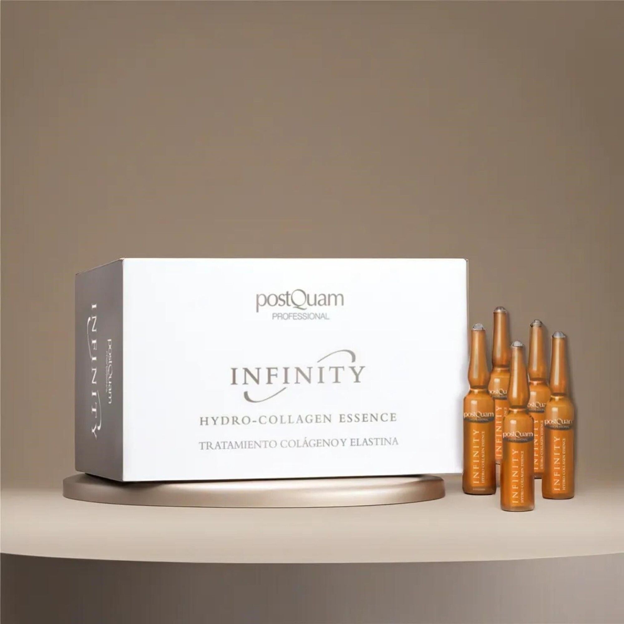 Emballage du produit et ampoules. Inscription: INFINITY Hydro-Collagen Essence. Marque: Postquam Professional. Ampoules brunes.