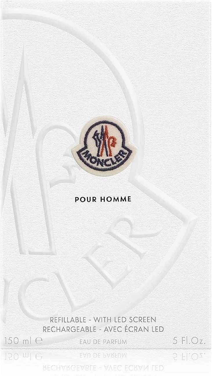 Emballage blanc avec logo Moncler et texte "Pour Homme". Texte: "REFILLABLE - WITH LED SCREEN".