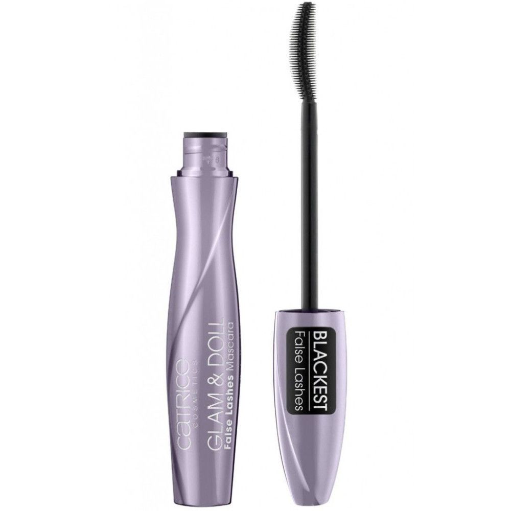 Tube de mascara violet et brosse. Texte noir: BLACKEST False Lashes. En bas: CATRICE, GLAM & DOLL False Lashes.