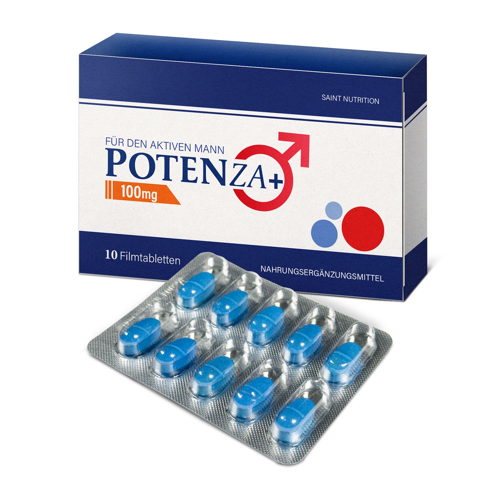 Blister de comprimés bleus et boîte. Inscription: Potenza+, 100mg, 10 comprimés pelliculés. Complément alimentaire.