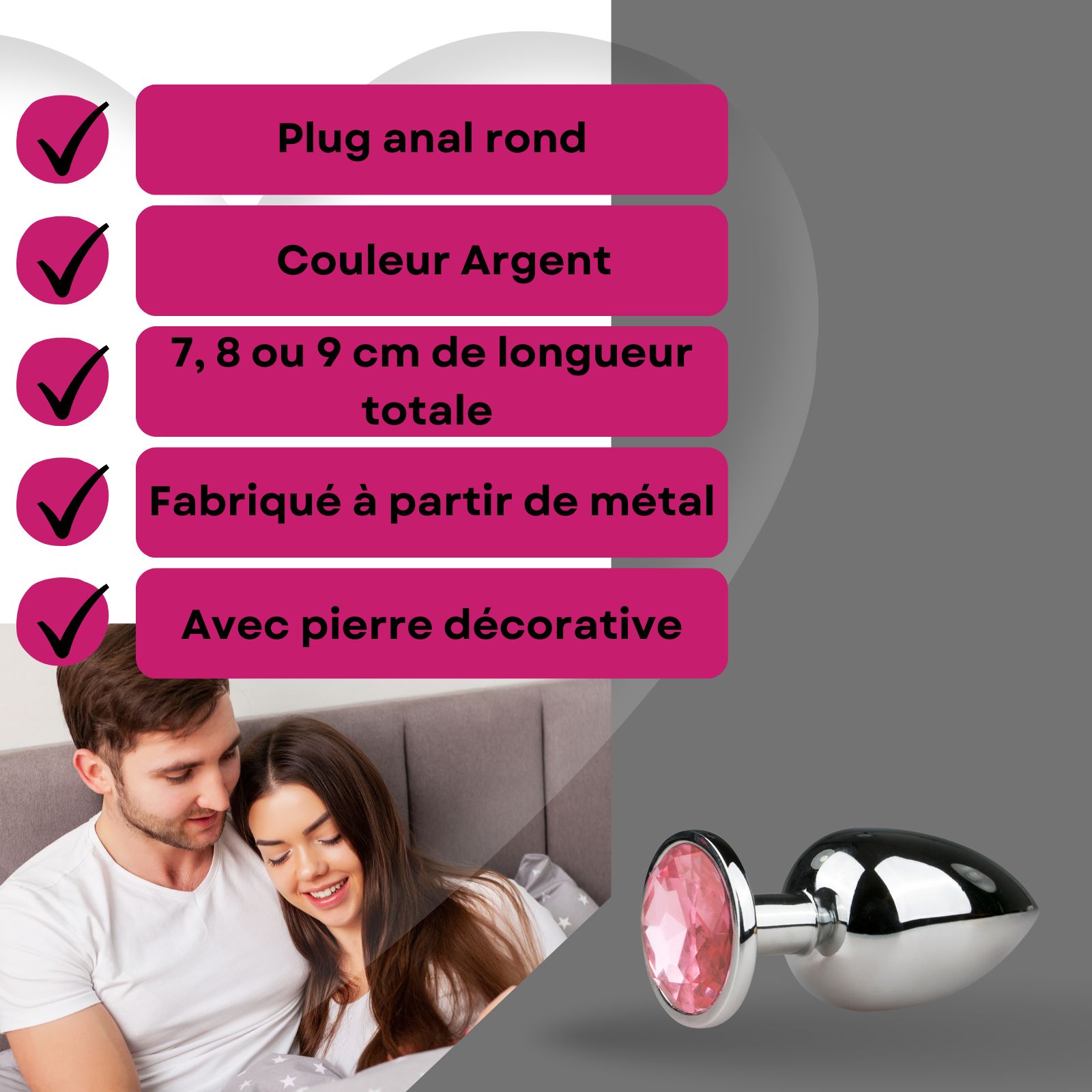 Plug anal en métal argenté, avec pierre décorative. Présenté avec un couple. Caractéristiques sur panneau.