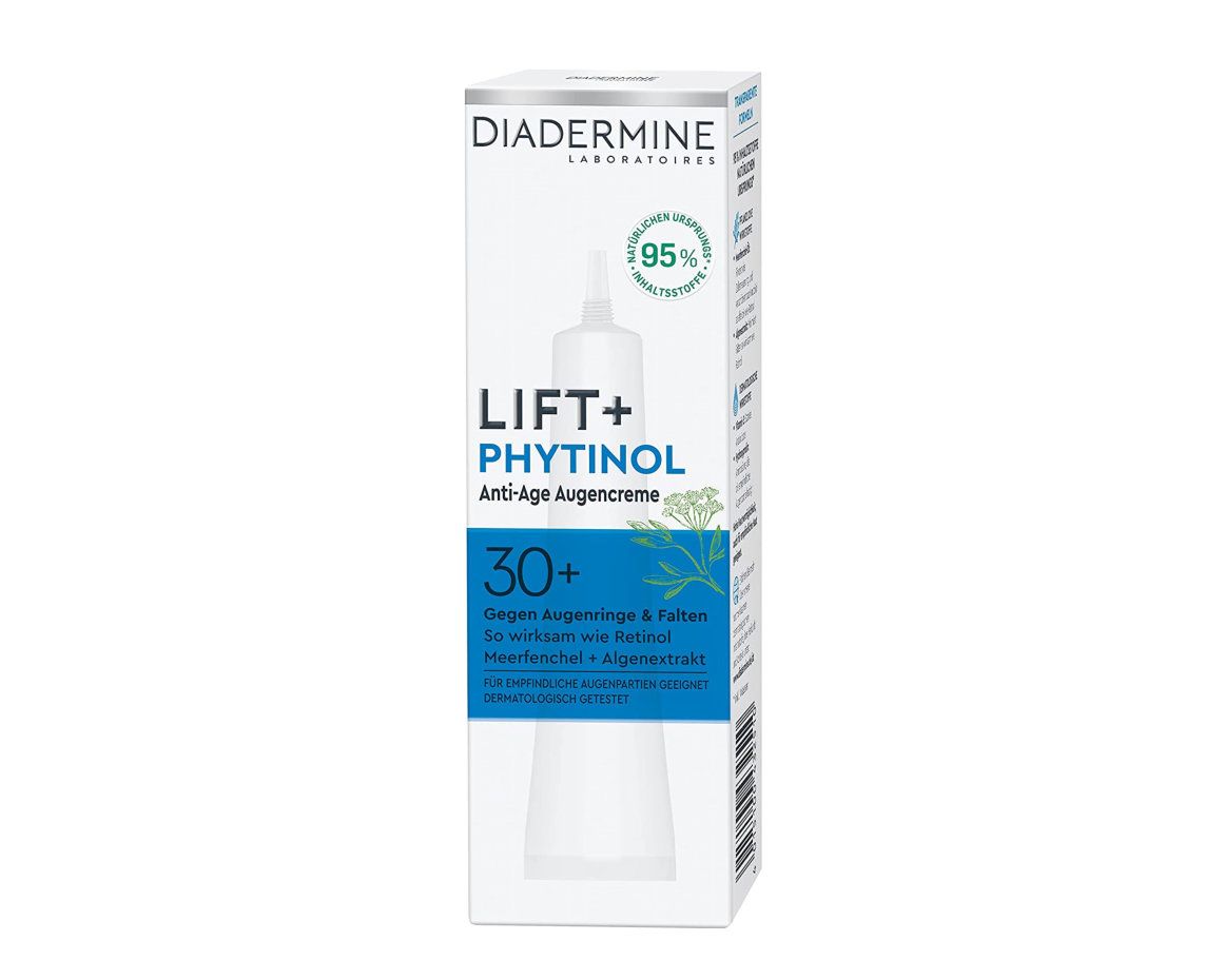 Boîte pliante Diadermine Lift+ Phytinol Crème Yeux Anti-Âge avec illustration du produit et indication d'âge 30+.