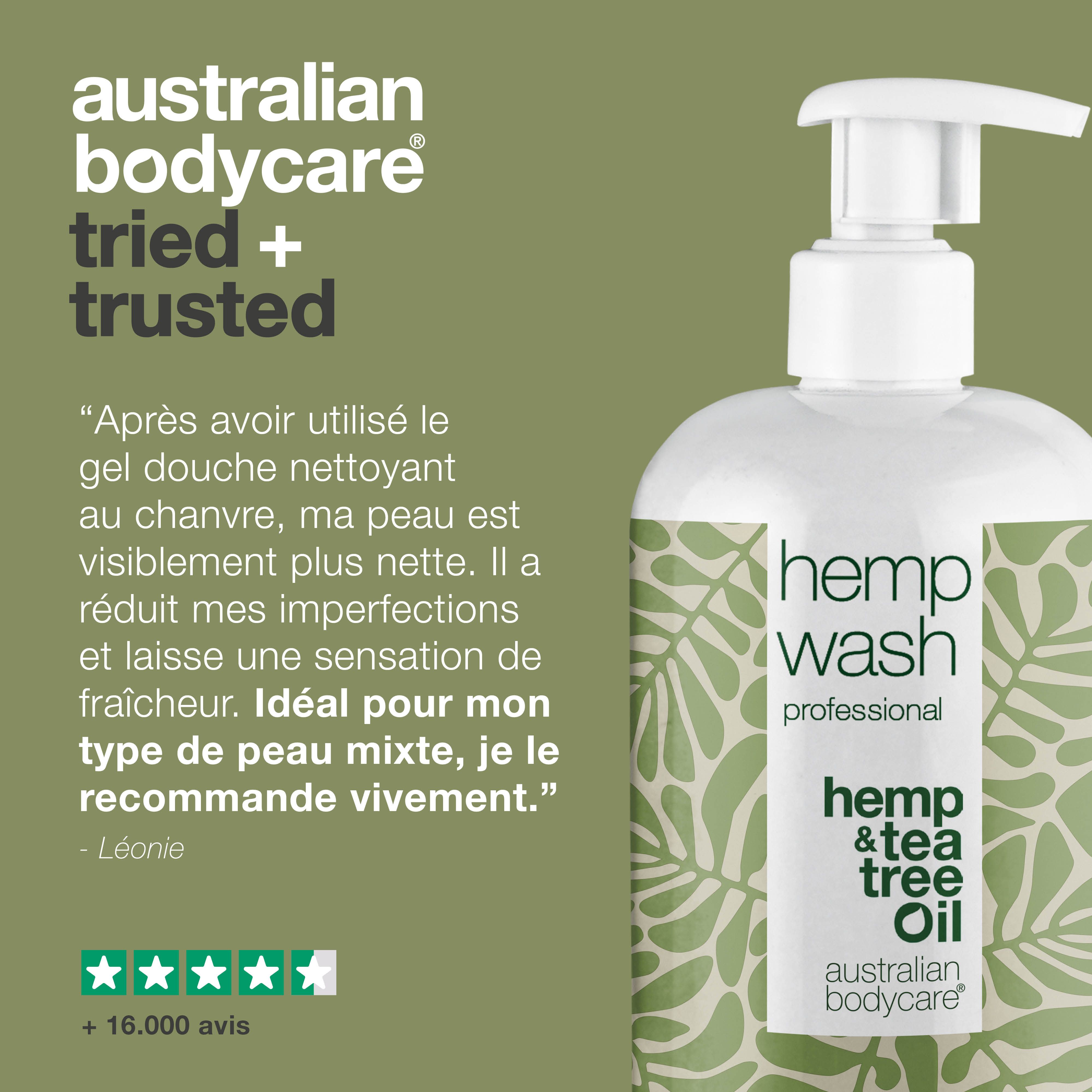 Produit à côté du texte: témoignage, gel douche au chanvre apaise la peau sèche, nettoie, aide contre les imperfections, 5 étoiles.
