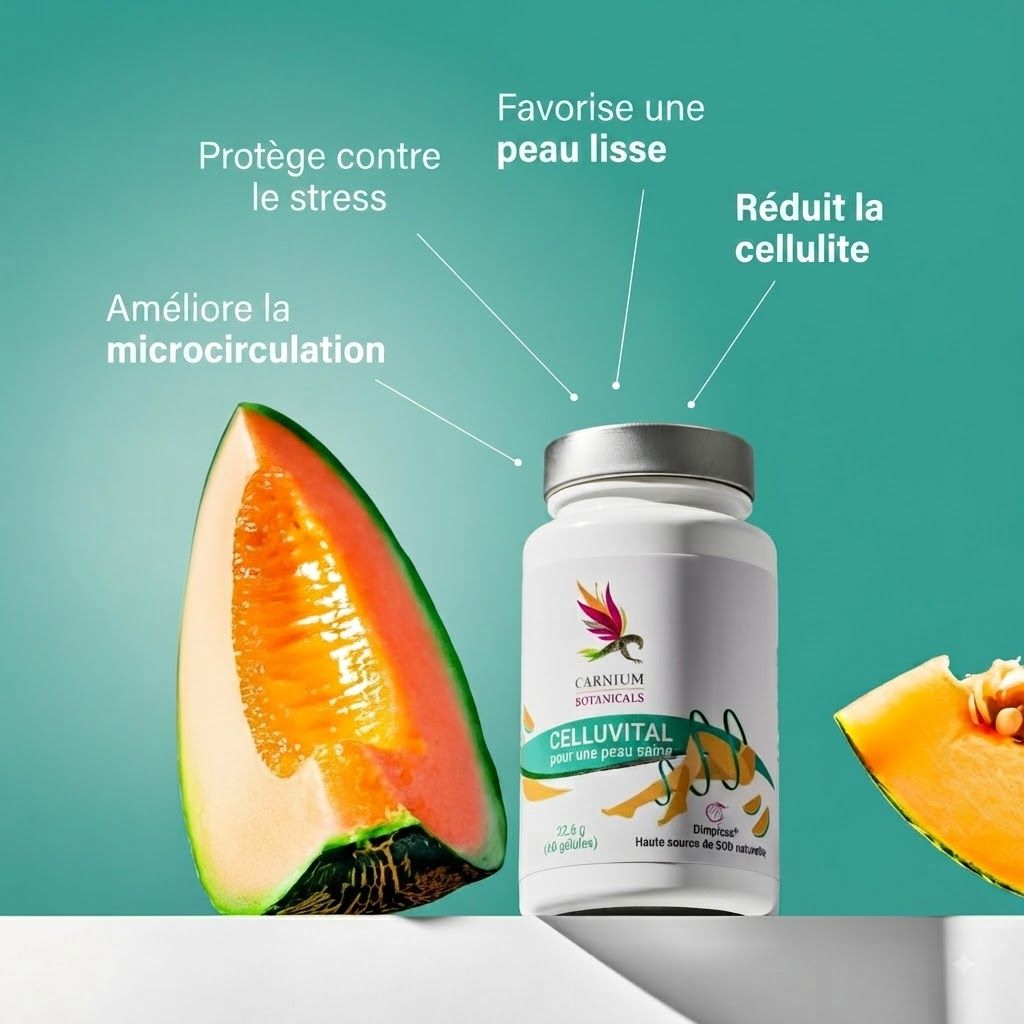 Bouteille blanche CELLUVITAL avec des morceaux de melon.