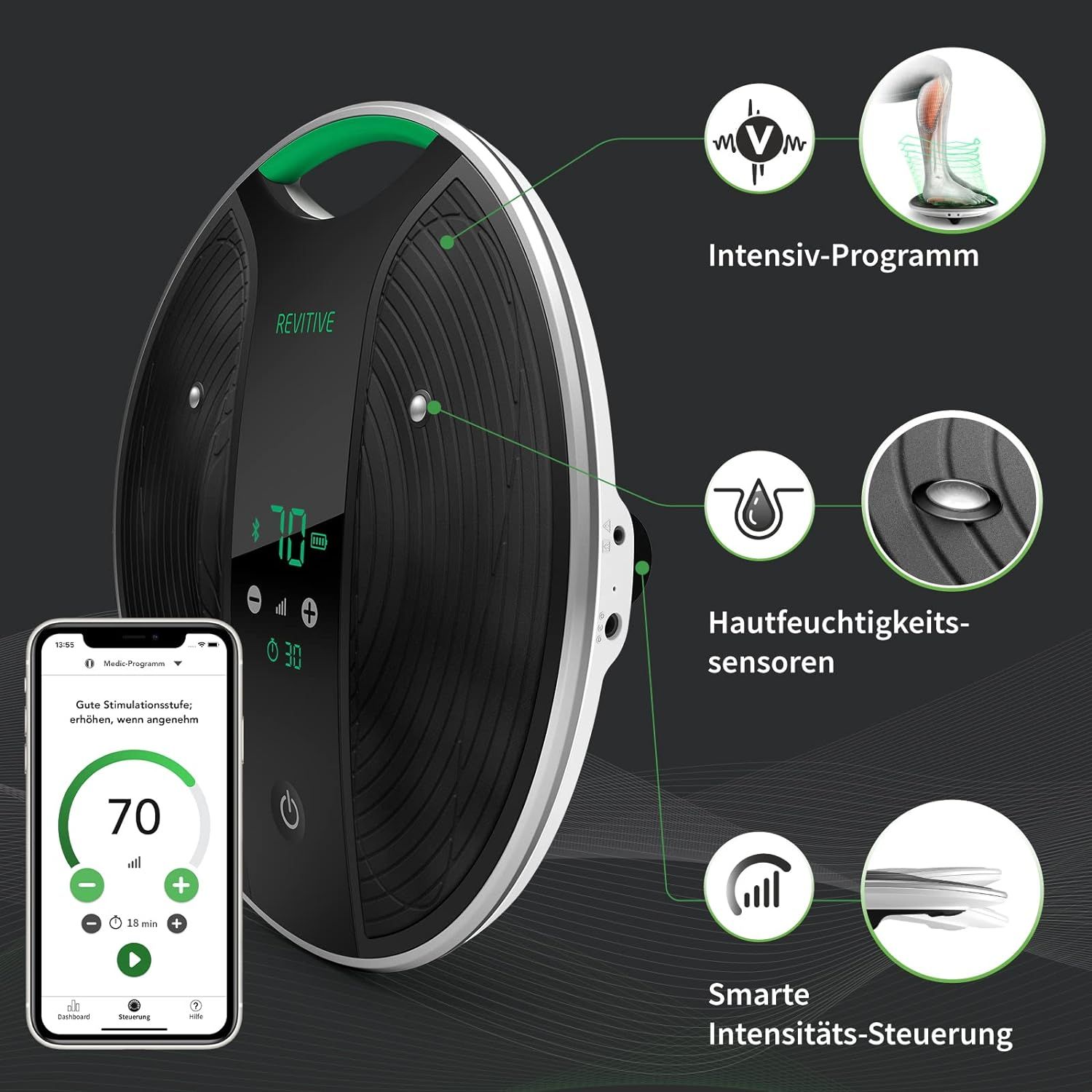 REVITIVE Medic Coach avec application smartphone : montre programme intensif, capteurs d'humidité, contrôle intelligent de l'intensité.