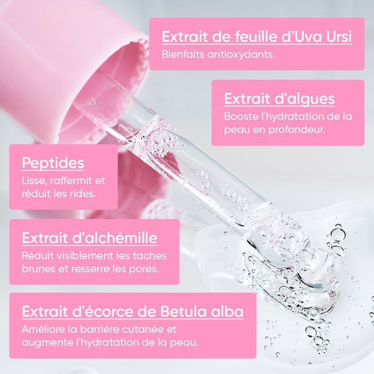 Pipette de sérum appliquée sur la peau, avec des textes décrivant les bienfaits.