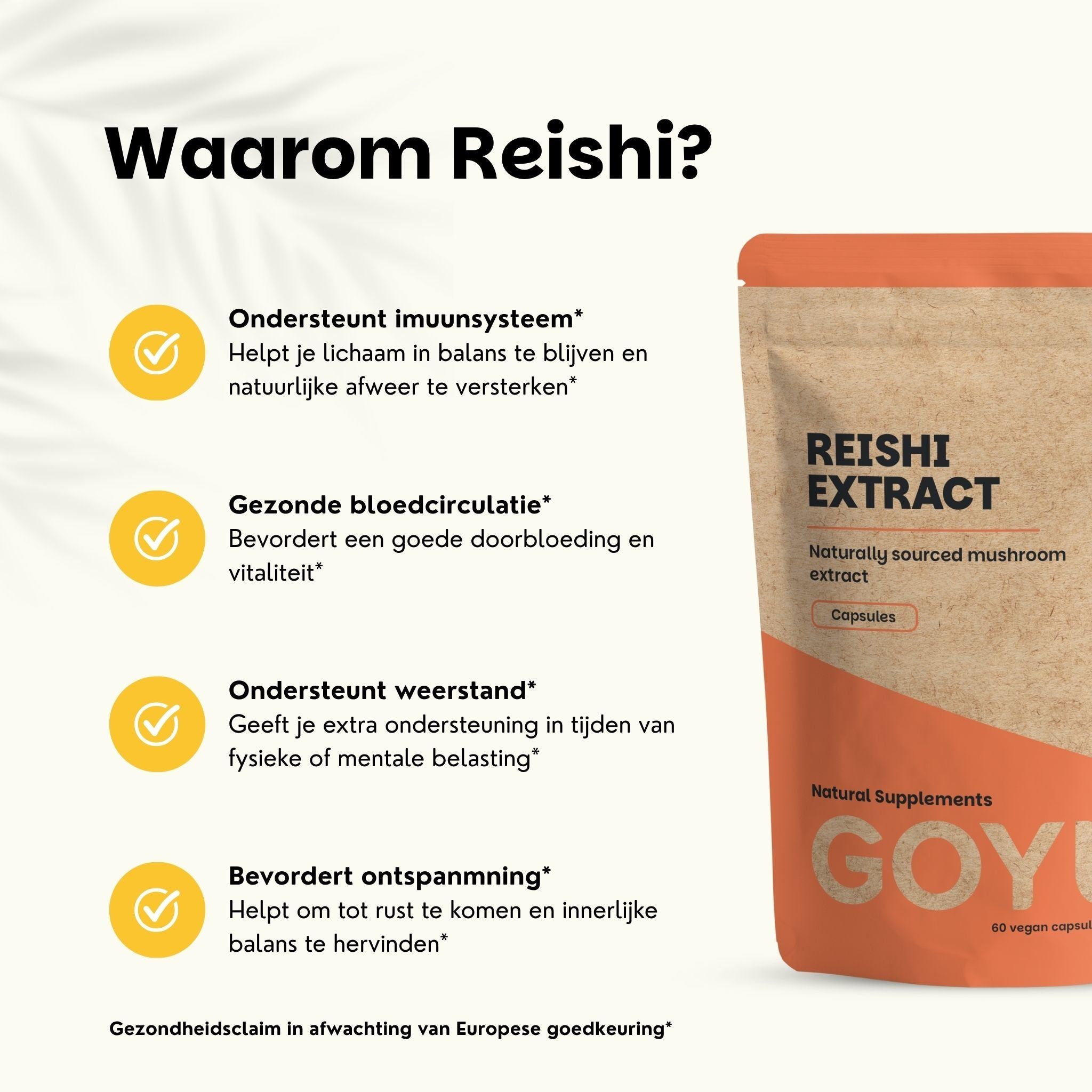 Een zakje Reishi-capsules dat de voordelen van 100% natuurlijke en veganistische capsules benadrukt.