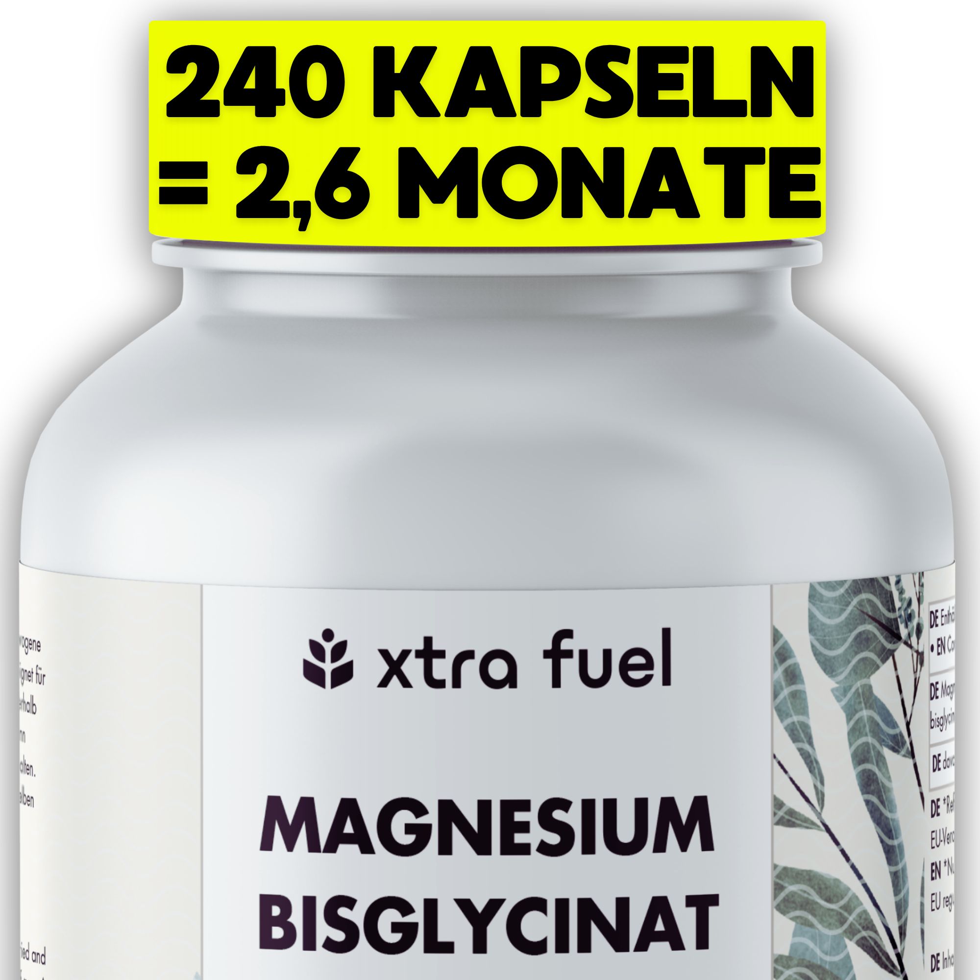 Fles met XTRA FUEL Magnesium Bisglycinaat capsules, 240 stuks.