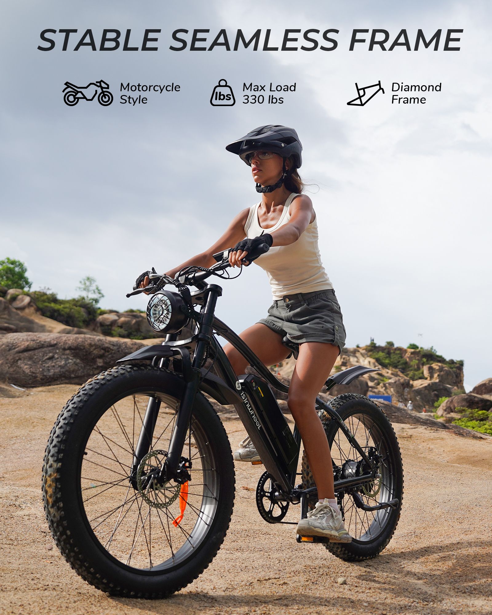 Persoon rijdt op een zwarte e-bike. Tekst: 'STABLE SEAMLESS FRAME'.
