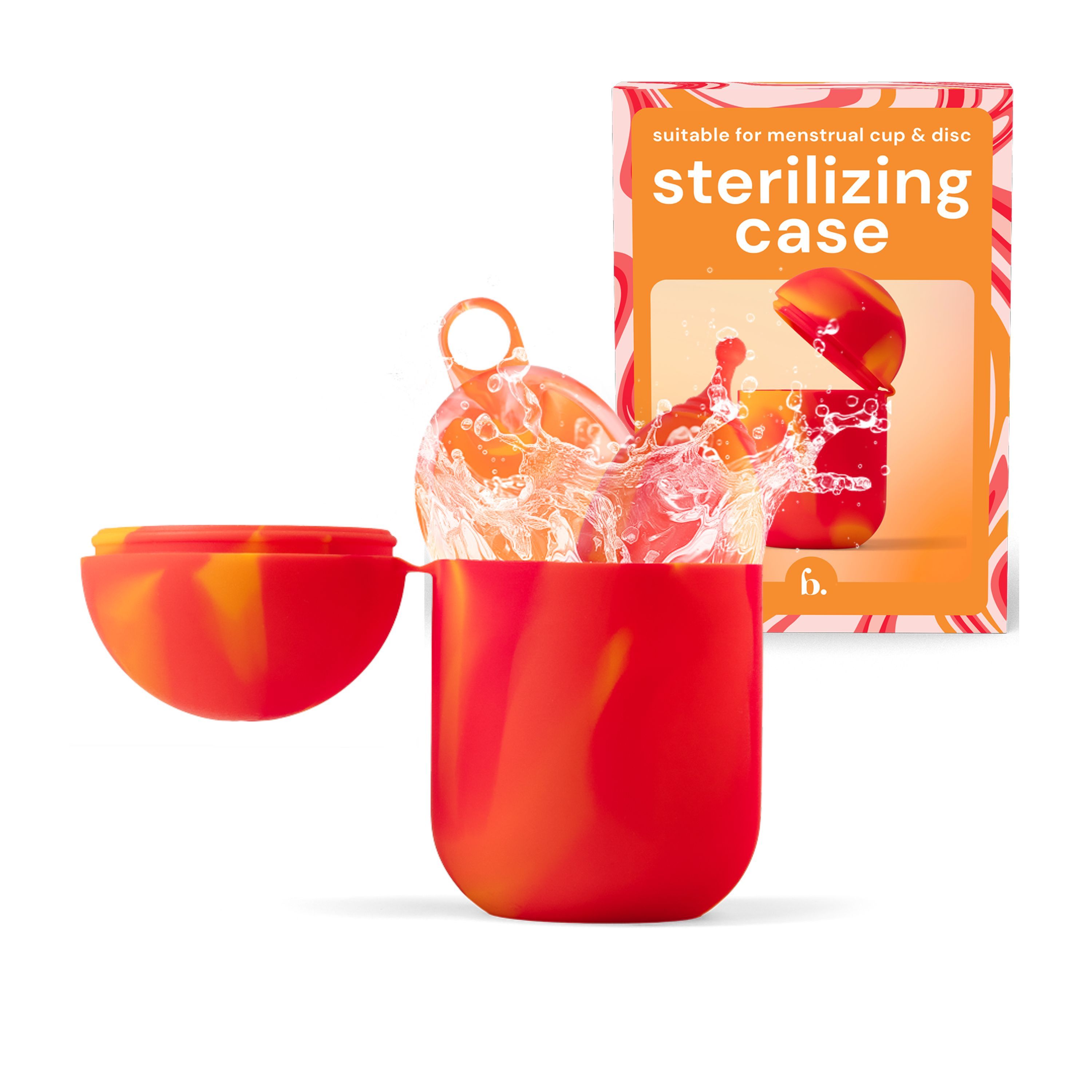 Rood en oranje sterilisatiehoesje voor menstruatiecups en -schijven, met spat-effect.