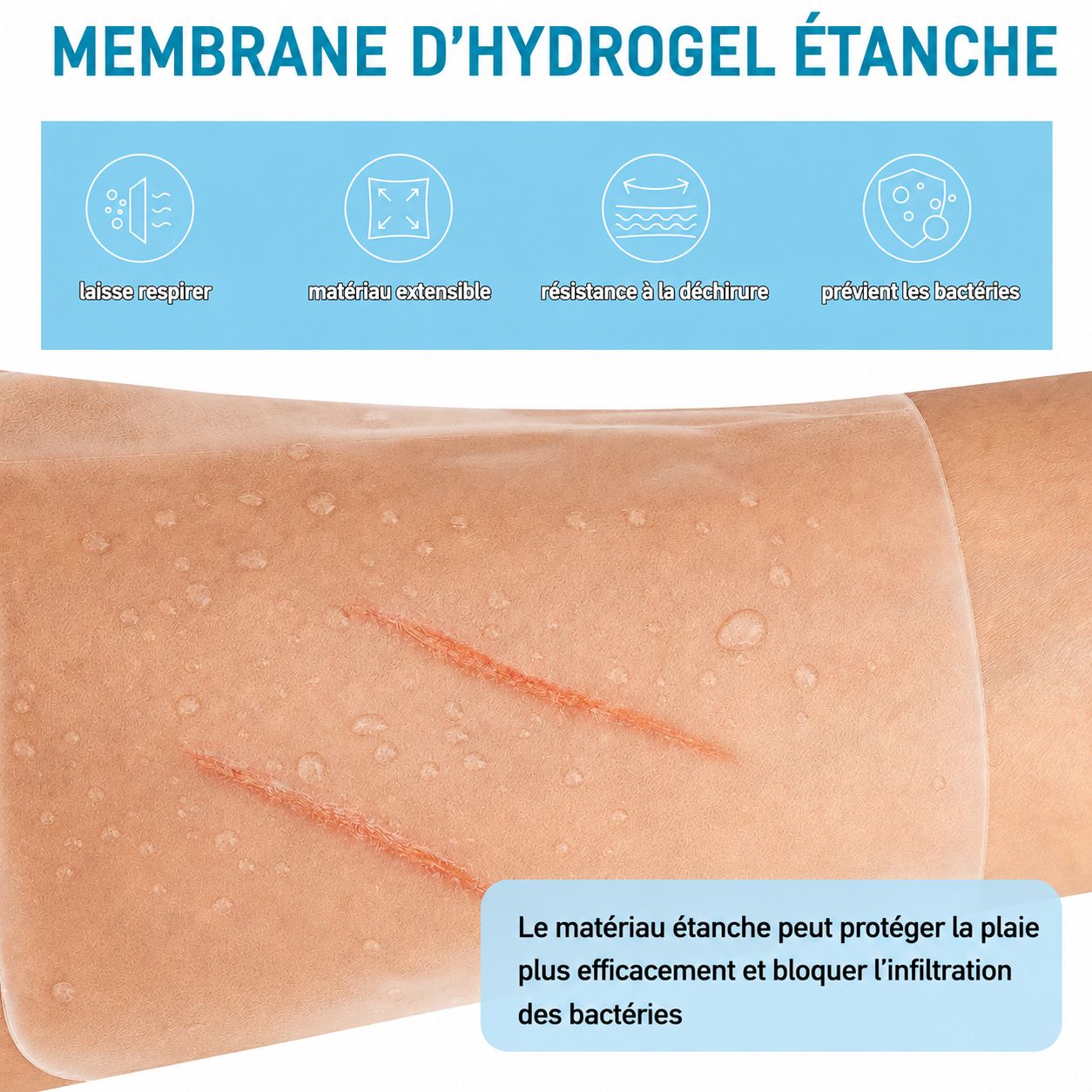 Membrane d'hydrogel imperméable sur peau avec coupures.