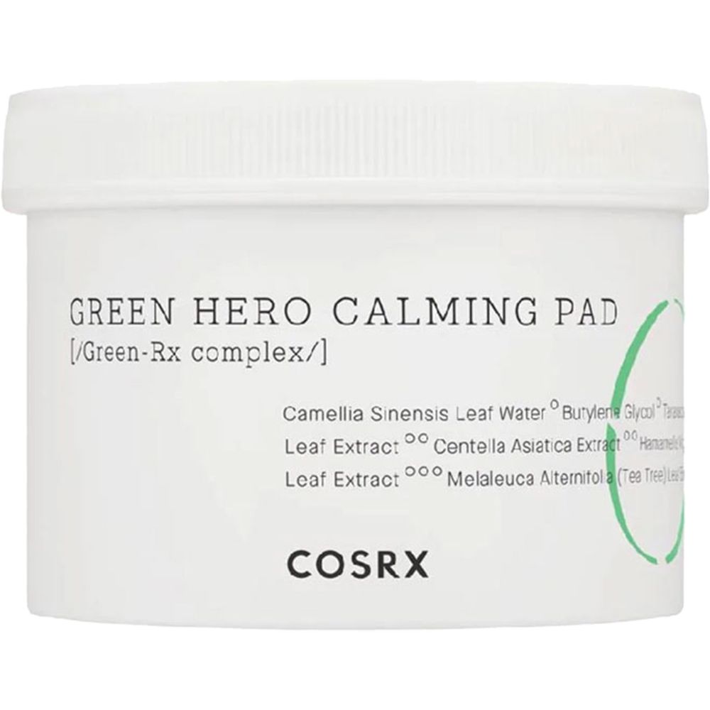 Witte pot met deksel. Opschrift: Green Hero Calming Pad, COSRX. Groene accenten.