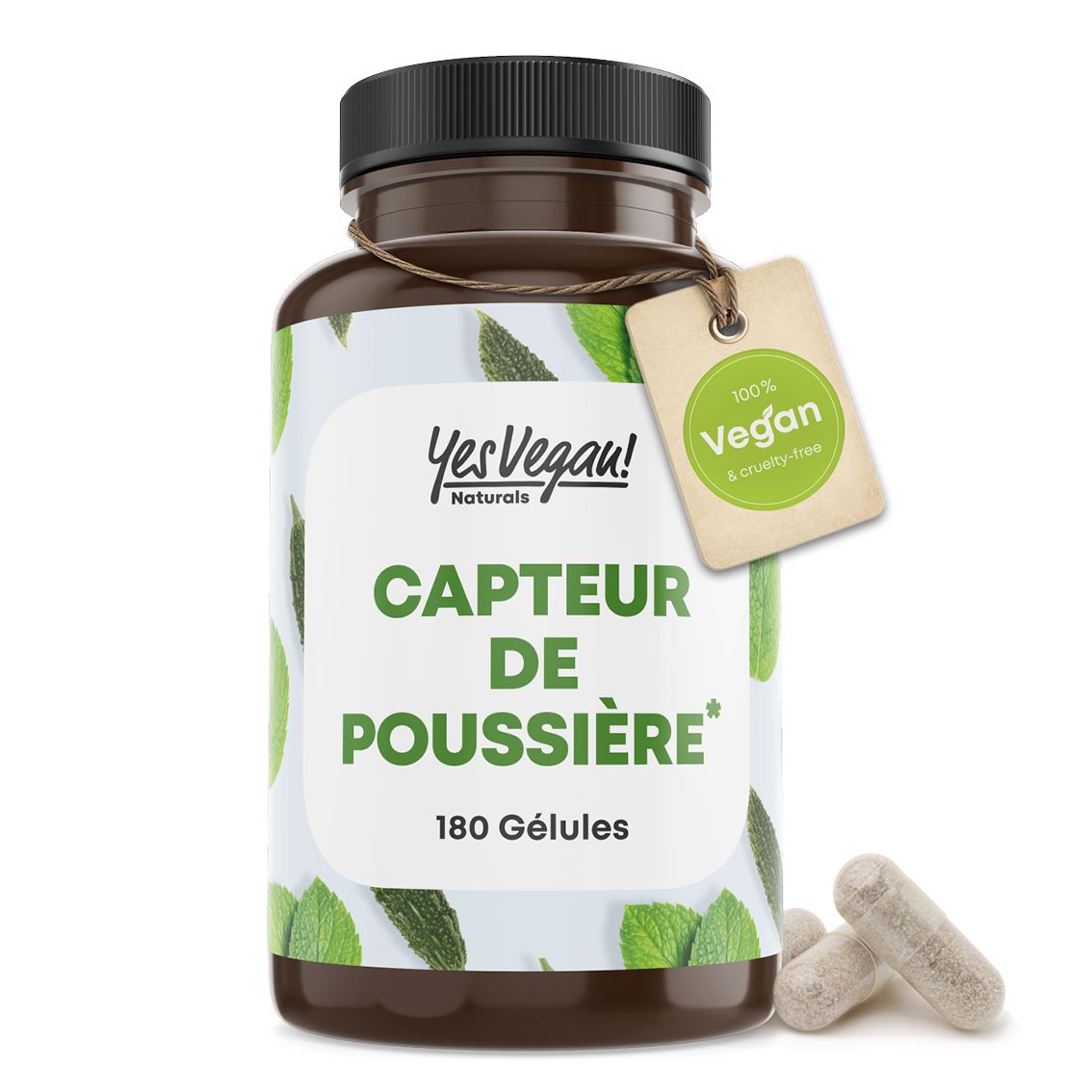 Bouteille de 180 gélules, étiquette 'Capteur de Poussière', sceau vegan.