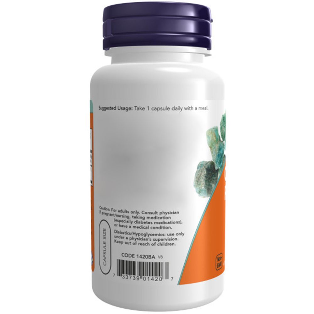 Witte fles met blauwe dop. Opschrift: "Chromium Picolinate 200 mcg". Bevat 100 vegicapsules. Veganistisch.