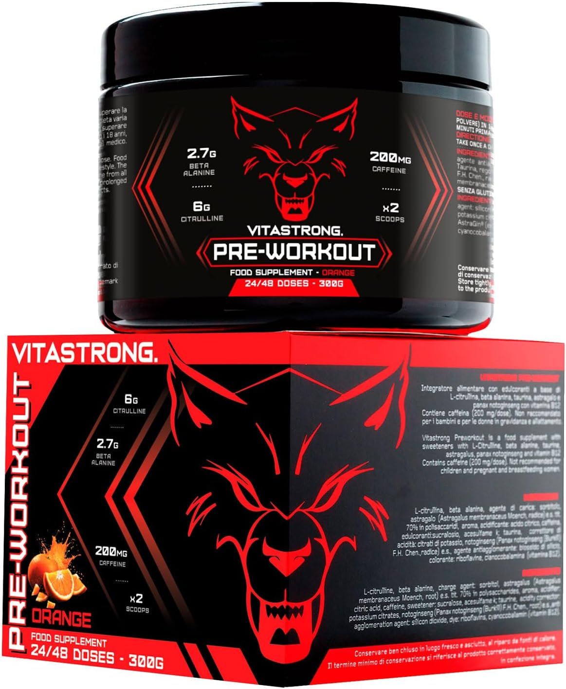 Zwarte pot met rood etiket. Bevat 2,7g bèta-alanine, 6g citrulline, 200mg cafeïne. Oranje pre-workout.