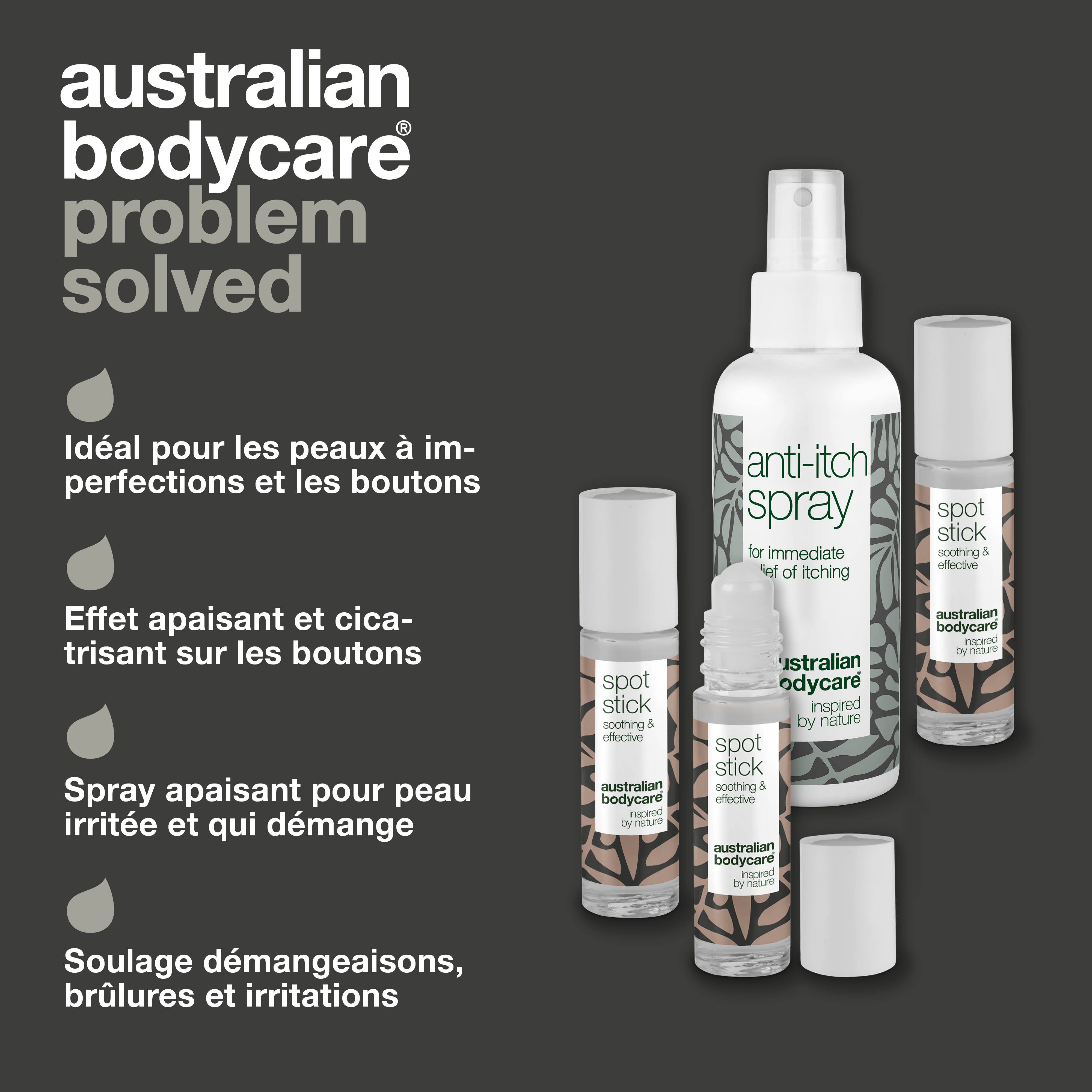 Présentation problème-solution. Piqûres d'insectes, démangeaisons, peau irritée. Produits: spray et spot stick.