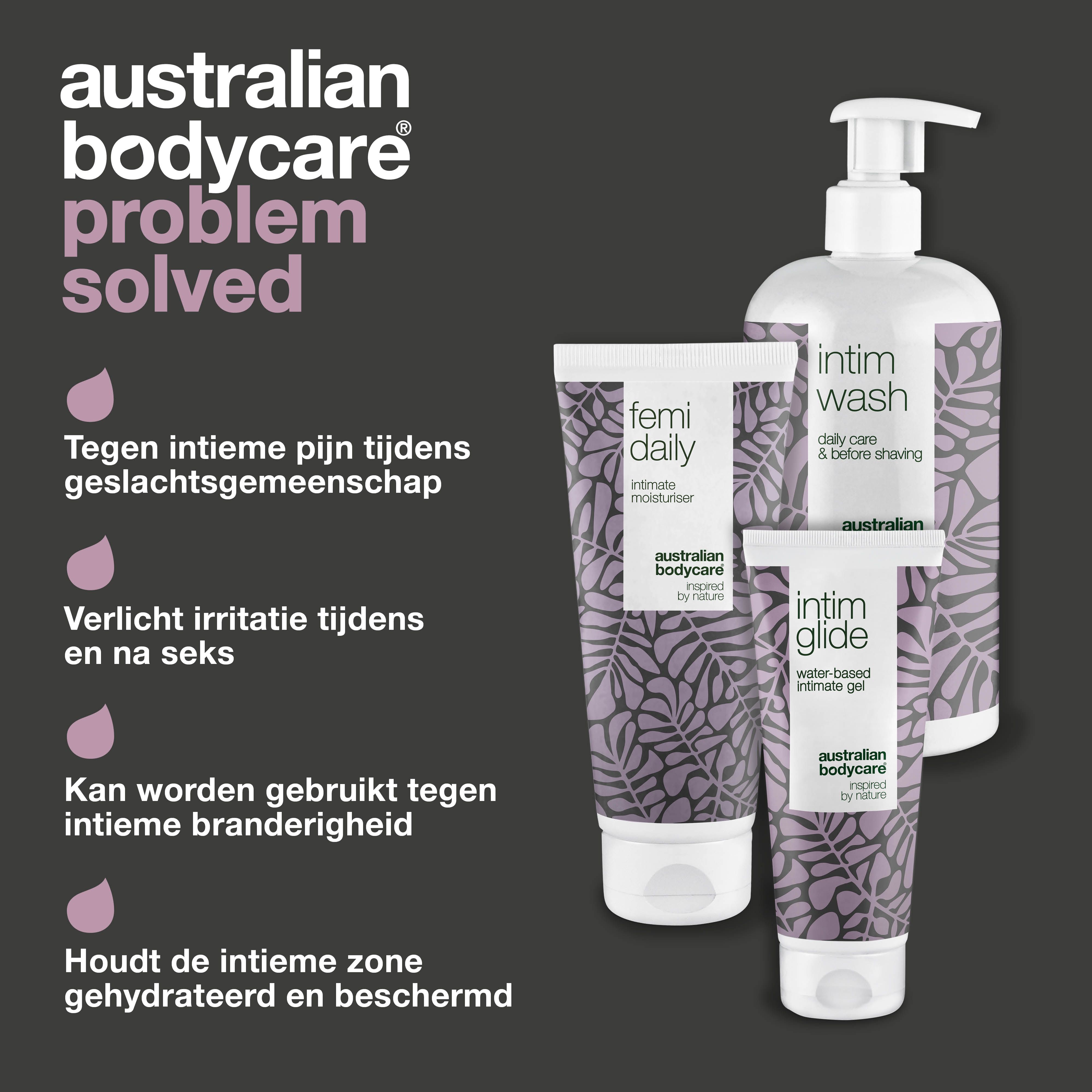 Productset: Intim Wash, Femi Daily, Intim Glide. Tekst: Tegen intieme pijn, irritatie, branderigheid, hydrateert.