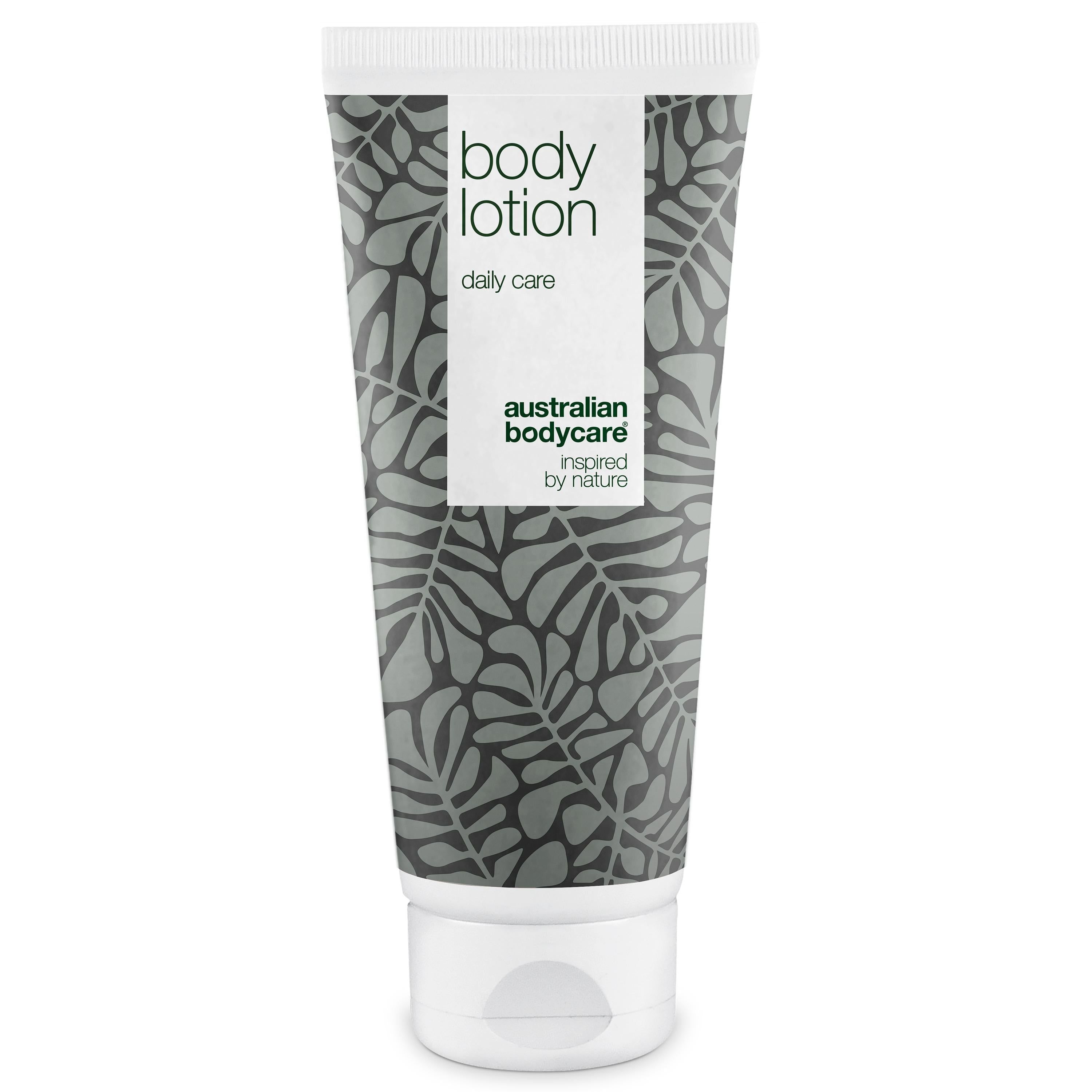 Tube de lotion pour le corps avec motif floral. Inscription : Body Lotion, daily care, Australian Bodycare.