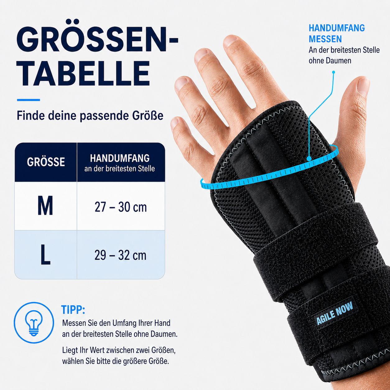 Maattabel voor polsbrace: M (27-30cm), L (29-32cm). Meetinstructie voor polsomtrek.