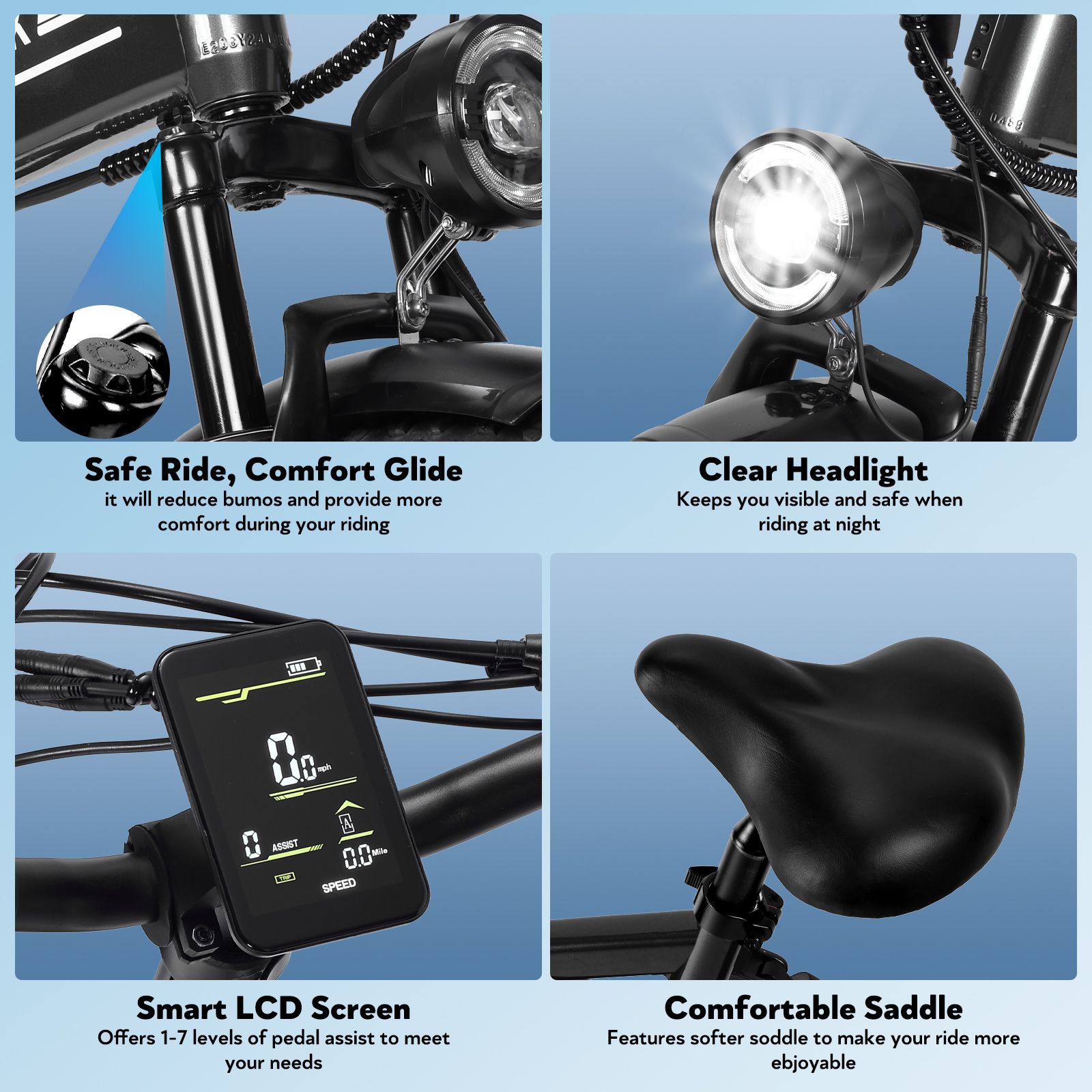 Gros plans des composants du vélo OOK-TEK E20 : phare, écran LCD, selle.