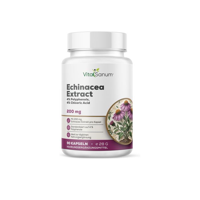 VitaSanum Echinacea Extract capsules, 200 mg, 90 stuks. Bevat 4% polyfenolen en 4% cichorinezuur.
