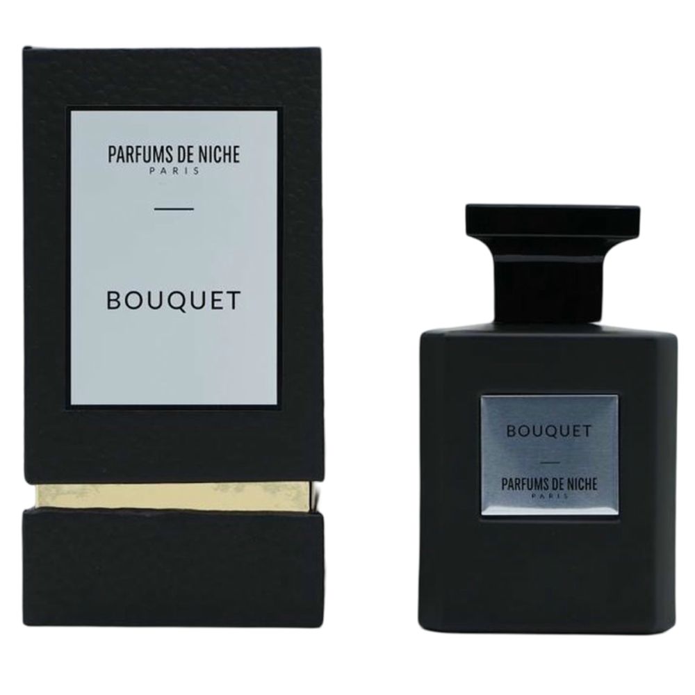 Flacon de parfum noir et sa boîte d'emballage, tous deux avec une étiquette argentée "BOUQUET PARFUMS DE NICHE PARIS".