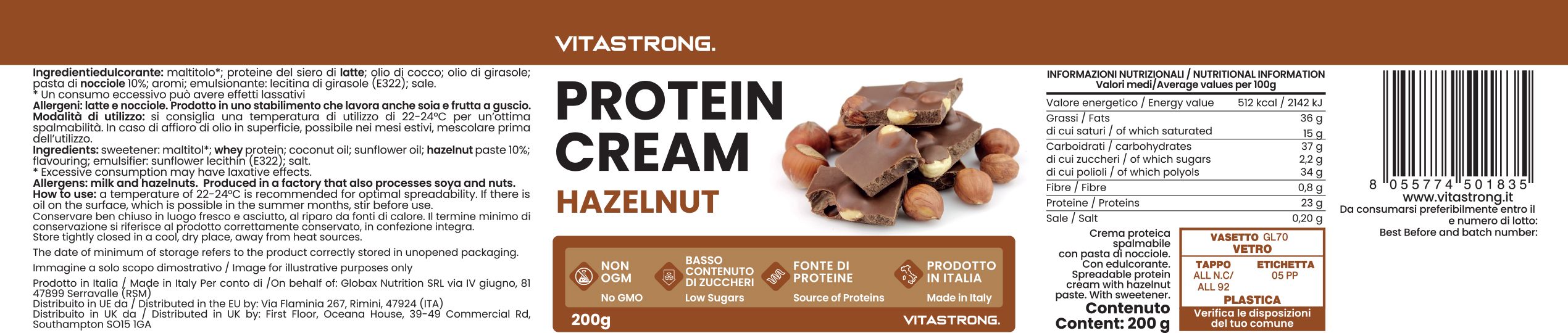 Etiket van Vitastrong Protein Cream Hazelnut. Tekst: voedingswaarde, barcode, logo's.