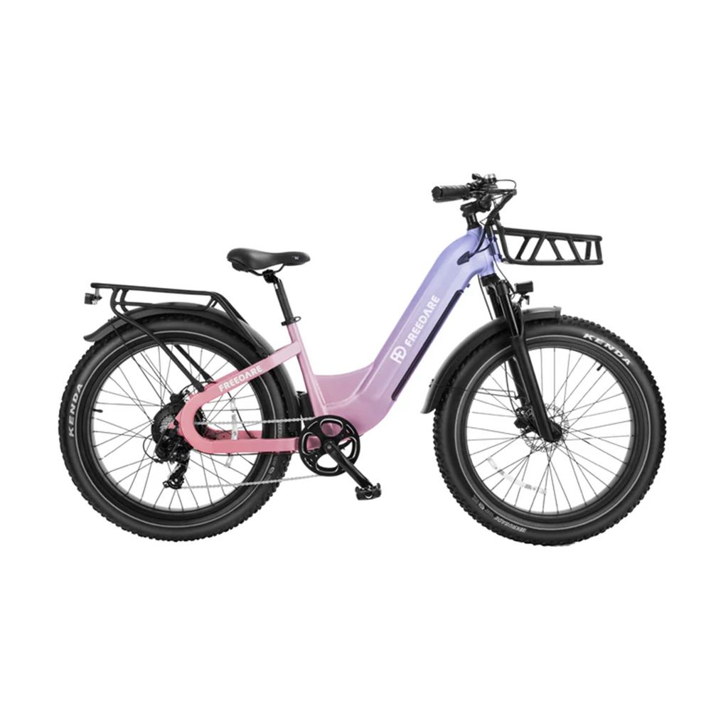 Elektrische fiets met voorste mand. Lila-roze frame, zwarte banden met Kenda-logo. Achterdrager. FREEDARE-logo.