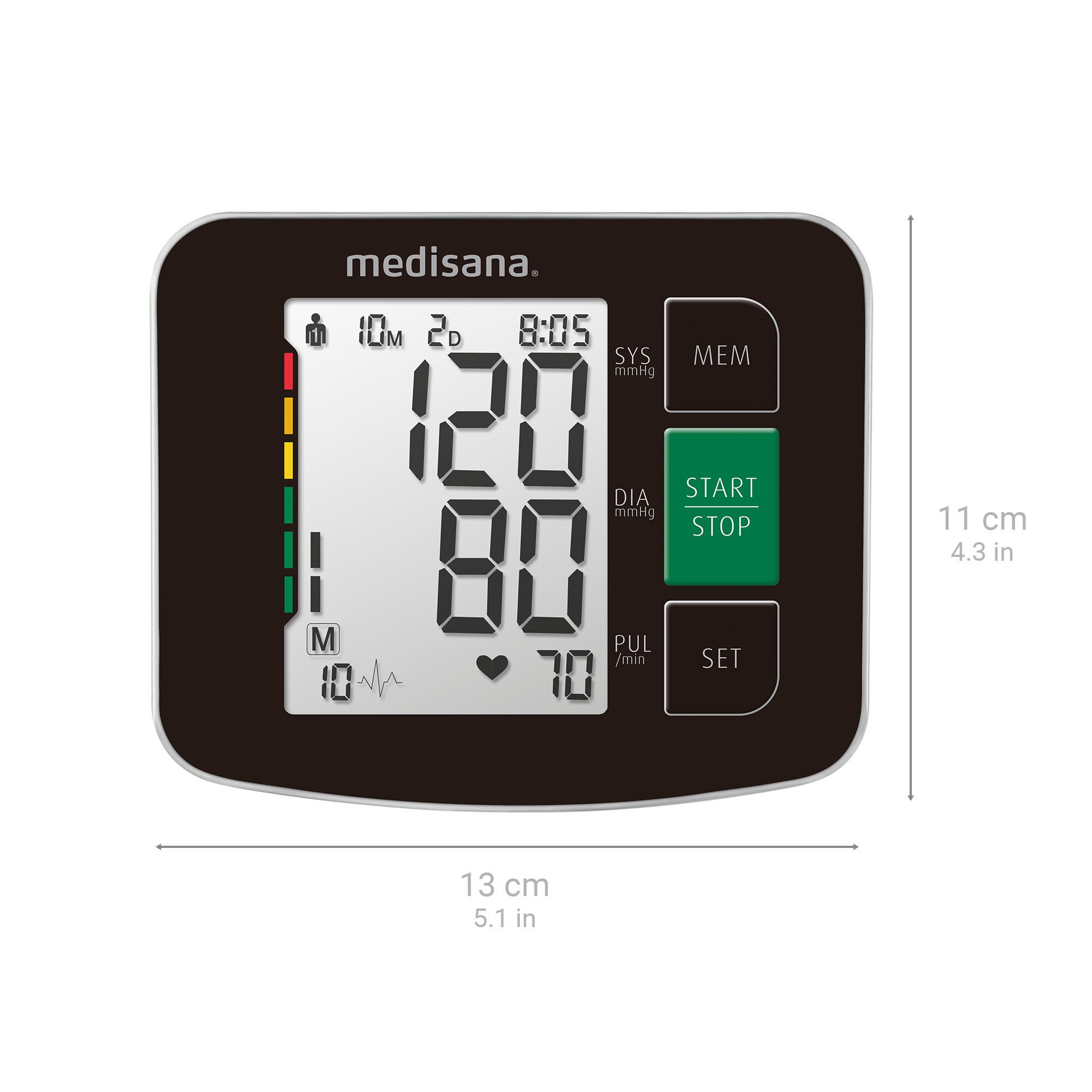 Medisana bloeddrukmeter, 13x11 cm. Toont systolische/diastolische druk, pols, datum, tijd.
