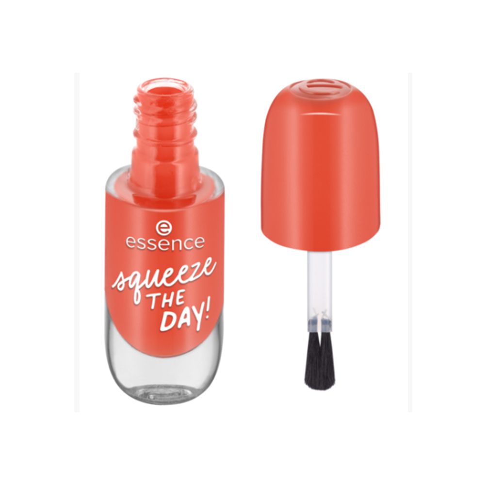 Flacon de vernis à ongles ouvert, avec pinceau et bouchon. Vernis orange. Inscription : "squeeze THE DAY!" Marque : Essence.
