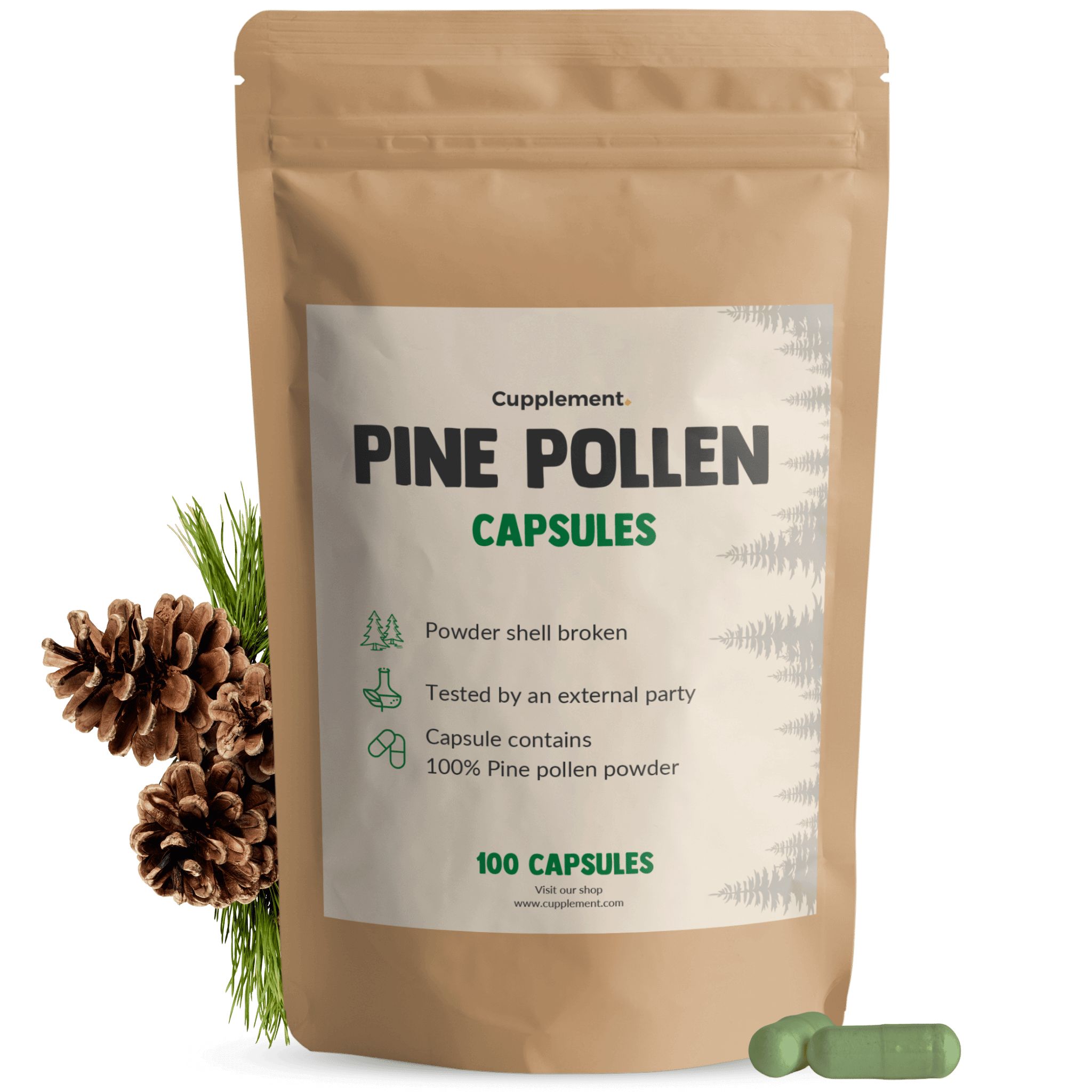 Bruine zak met groene capsules. Tekst: Pijnboompollen capsules, 100 capsules. Pijnappels en tak.