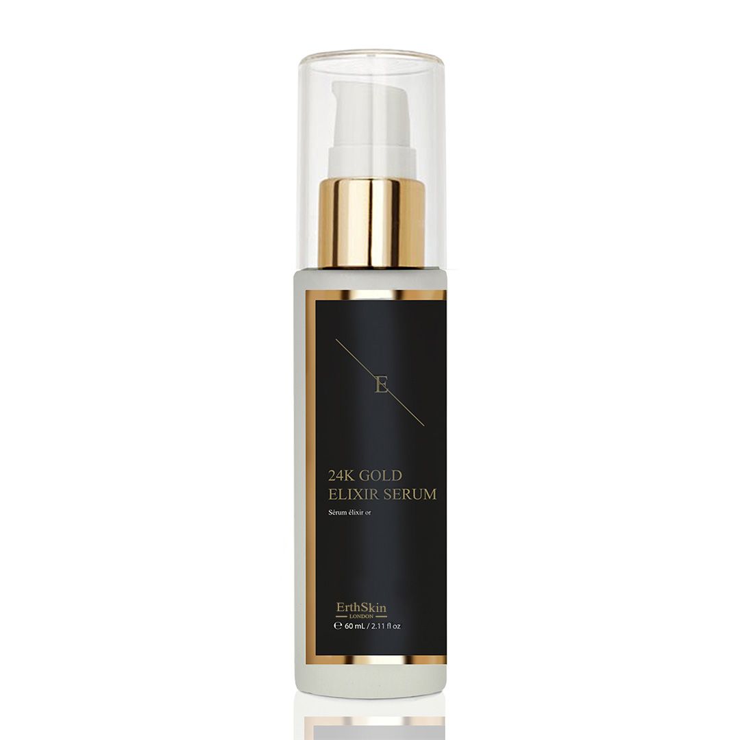 Flacon de sérum avec étiquette noire et détails dorés. Inscription : 24K Gold Elixir Serum. Avec pompe.