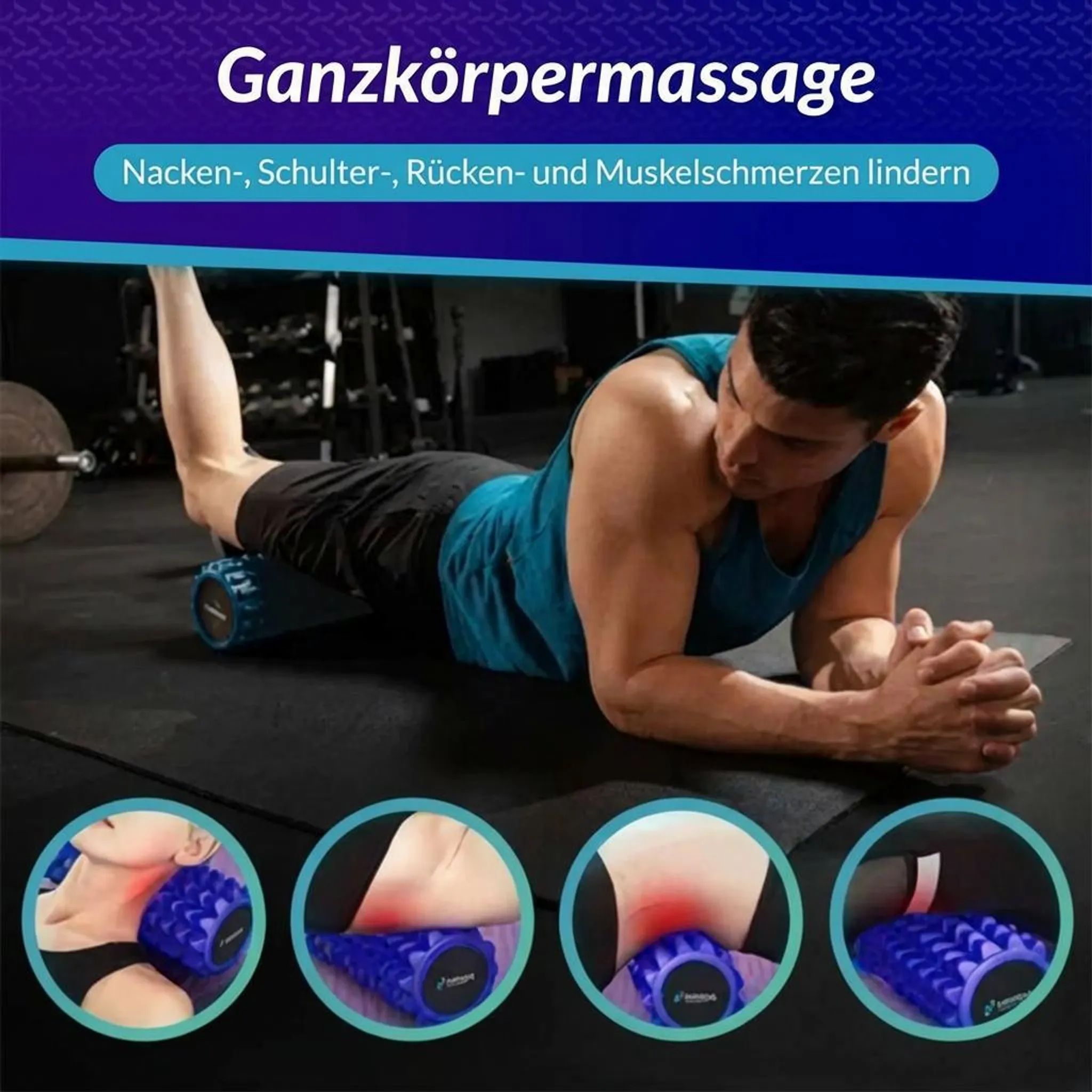 Man masseert bovenbeen met blauwe fascia roller in een sportschool.